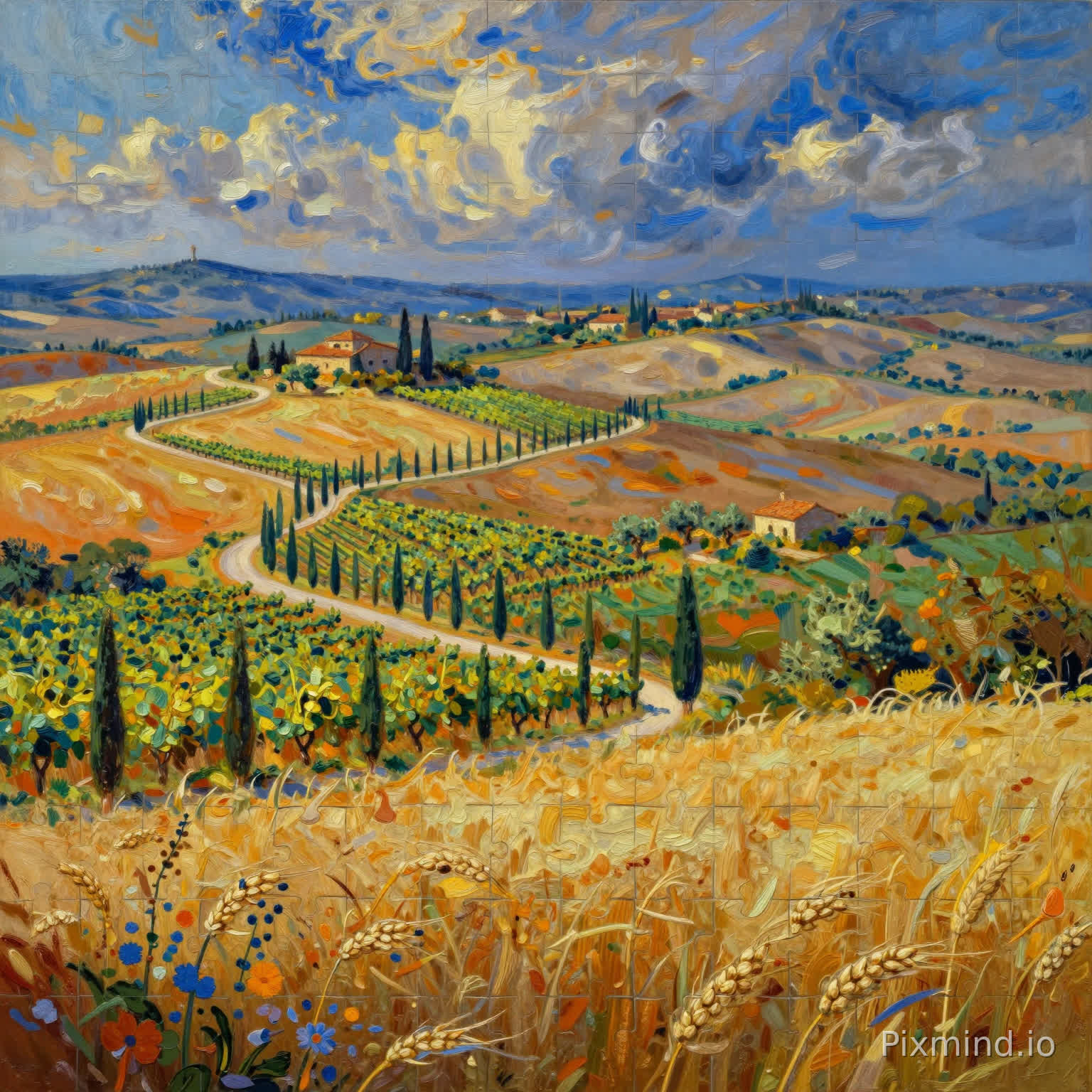 A highly detailed illustration designed for jigsaw puzzle composition, featuring a breathtaking Tuscan countryside with rolling hills layered across the horizon, winding rows of tall cypress trees, golden wheat fields swaying in the breeze, and lush vineyards stretching between rustic stone farmhouses. The scene is rendered in the style of oil paintings, with thick swirling brushstrokes, expressive movement, and richly textured canvas surfaces visible throughout the landscape and sky. Vibrant ochre yellows, olive greens, burnt oranges, and deep cobalt blues blend dynamically across the composition, while the dramatic swirling sky adds energy and rhythm to the peaceful countryside. Narrow dirt roads curve through the hills, connecting vineyards, olive groves, and small villages with terracotta rooftops, adding storytelling details and visual complexity. The composition uses a wide-angle layered structure (foreground textured wheat and flowers, midground vineyards and cypress-lined roads, background rolling hills and expressive sky) to create strong depth and clear visual segmentation. Every area contains varied textures and distinct color zones to avoid empty spaces and enhance puzzle readability. Ultra-detailed painterly textures, cinematic warm lighting, rich impasto oil paint effect, masterpiece composition, 8k resolution, perfect for a high-quality jigsaw puzzle.