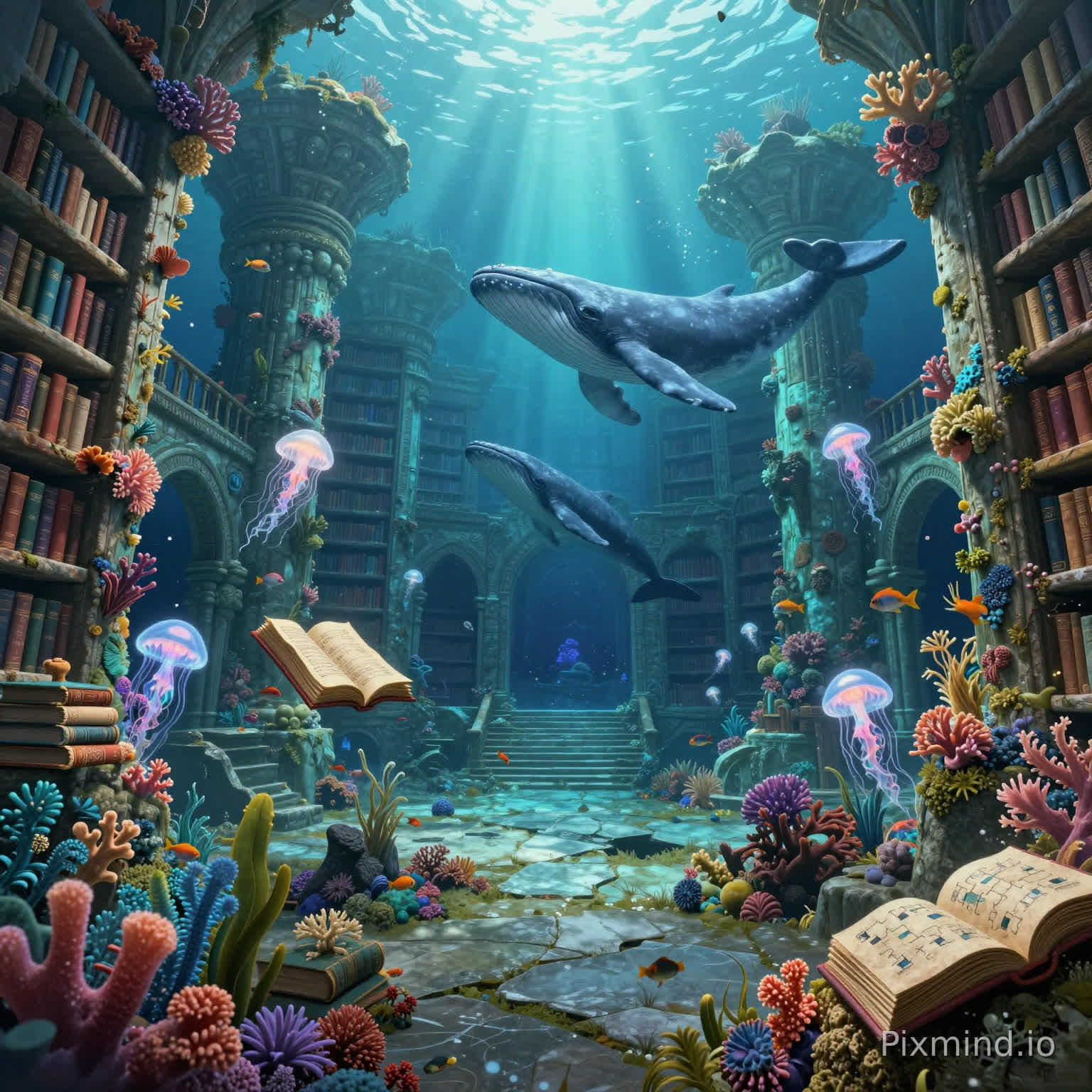 A highly detailed illustration designed for jigsaw puzzle composition, featuring an ancient underwater library ruin hidden deep beneath the ocean in a mystical fantasy illustration style. Gigantic stone bookshelves tower through a vast submerged hall, their surfaces covered in vibrant coral reefs, glowing algae, sea moss, and drifting aquatic plants, while enormous whales slowly glide through the open library chambers, adding scale and wonder to the scene. Ancient books and scrolls float gently underwater between towering pillars and arched passageways, as glowing jellyfish drift through the space casting soft bioluminescent light. Schools of colorful tropical fish weave through broken arches and around cracked marble floors covered with sea plants and scattered ruins. Powerful rays of sunlight pierce through the deep ocean above, illuminating suspended particles and creating dramatic blue-green underwater lighting throughout the environment. The composition uses a wide-angle layered structure (foreground coral, books, and sea plants, midground pillars and marine life, background massive library halls and distant whales) to create strong depth and clear visual segmentation. Ultra-detailed underwater textures, cinematic fantasy atmosphere, rich aquatic color palette, atmospheric perspective, masterpiece composition, 8k resolution, perfect for a high-quality jigsaw puzzle.