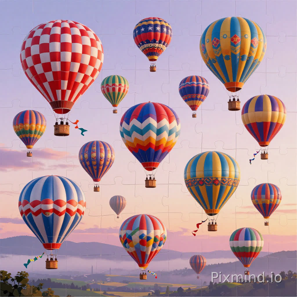 A highly detailed illustration designed for jigsaw puzzle composition, featuring a breathtaking dawn sky filled with dozens of colorful hot air balloons gracefully taking off above a peaceful landscape in a modern decorative bright illustration style. Each balloon has a completely unique design with bold patterns such as red-and-white checkerboards, colorful polka dots, star stripes, zigzags, floral motifs, and geometric color blocks, ensuring strong visual distinction across the composition. Small fluttering flags and decorative ribbons hang from the baskets, adding playful motion and festive charm. The soft lavender and peach-toned morning sky glows gently with early sunrise light, while layers of distant clouds and faint mist create atmospheric depth beneath the floating balloons. The composition uses a wide-angle layered structure (foreground detailed balloons and ribbons, midground drifting balloon clusters, background pastel sky and distant horizon) to create strong depth and clear visual segmentation. Crisp vector-style rendering, clean edges, vibrant high-contrast colors, minimal gradients, celebratory atmosphere, ultra-detailed decorative patterns, masterpiece composition, 8k resolution, perfect for a high-quality jigsaw puzzle.