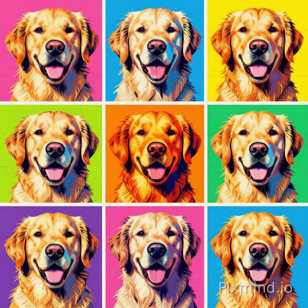 A highly detailed illustration designed for jigsaw puzzle composition, featuring a bold pop art grid of nine Golden Retriever portraits rendered in an Andy Warhol-inspired silkscreen style. The same cheerful smiling dog face is repeated across the composition, but each panel uses a completely different high-contrast color combination, including vivid pink, cyan, yellow, orange, lime green, purple, and electric blue backgrounds to create strong visual rhythm and instant differentiation. Thick black ink outlines define the dog’s fluffy fur, expressive eyes, and playful tongue, while classic halftone dot textures and blocky silkscreen-style color separation add a retro printmaking aesthetic. Each square panel contains slight variations in shadow placement, color layering, and texture density, enhancing the dynamic gallery-style composition. The layout uses a clean symmetrical 3x3 grid structure with clearly separated color zones to maximize puzzle readability and visual segmentation. Crisp vector-like edges, saturated pop-art palette, retro comic print texture, high contrast graphic design, ultra-clean composition, masterpiece quality, 8k resolution, perfect for a high-quality jigsaw puzzle.