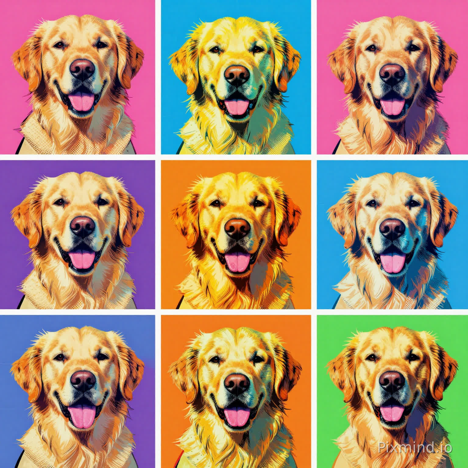 A highly detailed illustration designed for jigsaw puzzle composition, featuring a bold pop art grid of nine different Golden Retriever portraits rendered in an Andy Warhol-inspired silkscreen style. Each panel uses a completely different high-contrast color combination, including vivid pink, cyan, yellow, orange, lime green, purple, and electric blue backgrounds to create strong visual rhythm and instant differentiation. Thick black ink outlines define the dog’s fluffy fur, expressive eyes, and playful tongue, while classic halftone dot textures and blocky silkscreen-style color separation add a retro printmaking aesthetic. Each square panel contains slight variations in shadow placement, color layering, and texture density, enhancing the dynamic gallery-style composition. The layout uses a clean symmetrical 3x3 grid structure with clearly separated color zones to maximize puzzle readability and visual segmentation. Crisp vector-like edges, saturated pop-art palette, retro comic print texture, high contrast graphic design, ultra-clean composition, masterpiece quality, 8k resolution, perfect for a high-quality jigsaw puzzle.
