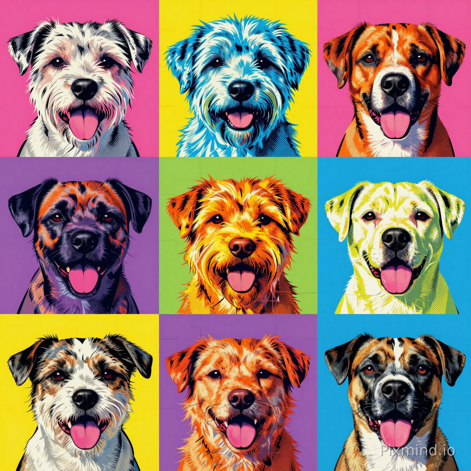 A highly detailed illustration designed for jigsaw puzzle composition, featuring a bold pop art grid of nine different dog portraits rendered in an Andy Warhol-inspired silkscreen style. Each panel uses a completely different high-contrast color combination, including vivid pink, cyan, yellow, orange, lime green, purple, and electric blue backgrounds to create strong visual rhythm and instant differentiation. Thick black ink outlines define the dog’s fluffy fur, expressive eyes, and playful tongue, while classic halftone dot textures and blocky silkscreen-style color separation add a retro printmaking aesthetic. Each square panel contains slight variations in shadow placement, color layering, and texture density, enhancing the dynamic gallery-style composition. The layout uses a clean symmetrical 3x3 grid structure with clearly separated color zones to maximize puzzle readability and visual segmentation. Crisp vector-like edges, saturated pop-art palette, retro comic print texture, high contrast graphic design, ultra-clean composition, masterpiece quality, 8k resolution, perfect for a high-quality jigsaw puzzle.