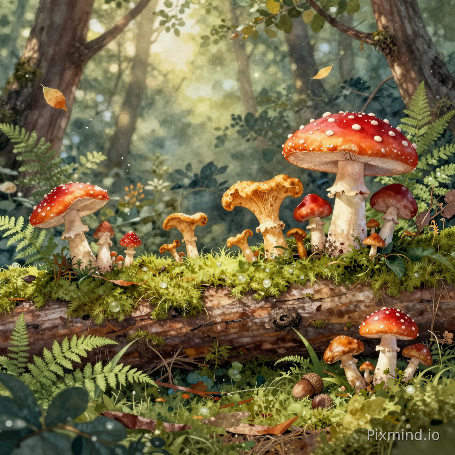 A highly detailed illustration designed for jigsaw puzzle composition, featuring a whimsical cluster of mushrooms growing along a moss-covered forest log in a fairytale watercolor illustration style. Bright red Amanita muscaria mushrooms with delicate white spots stand beside soft golden chanterelles, tiny woodland fungi, and curling forest plants, creating a rich layered composition full of natural variation. Thick moss blankets the fallen log with visible fine filaments, dew droplets, and intricate textures, while small ferns, mushrooms, and scattered acorns surround the forest floor. Soft dappled sunlight filters gently through overhead trees, creating warm glowing patches of light and shadow across the scene and enhancing the dreamy gnome-like atmosphere. Tiny floating spores and drifting leaves add subtle motion and magical storytelling elements. The composition uses a wide-angle layered structure (foreground moss and mushroom textures, midground forest log and clustered fungi, background blurred woodland and filtered sunlight) to create strong depth and clear visual segmentation. Rich earthy greens contrast with vivid pops of red, orange, and gold, with delicate watercolor pigment textures, soft brush blending, whimsical fantasy mood, masterpiece composition, 8k resolution, perfect for a high-quality jigsaw puzzle.