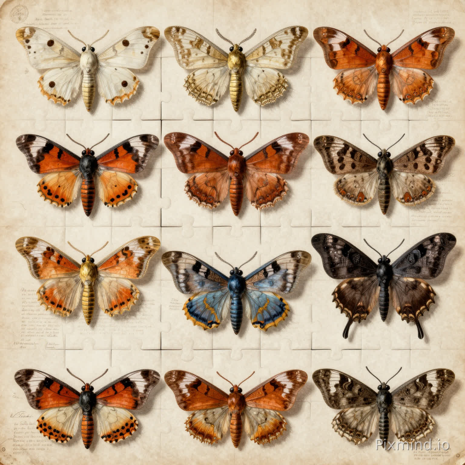 A highly detailed illustration designed for jigsaw puzzle composition, featuring a perfectly symmetrical grid of twelve exotic moths displayed with fully spread wings in a vintage 19th-century natural history illustration style. Each moth is uniquely designed with intricate wing patterns and coloration ranging from ivory white, cream, and pale gold to deep tiger orange, chestnut brown, charcoal black, and muted sapphire tones, creating strong visual distinction across the structured layout. Fine hand-colored copper engraving textures are visible throughout, highlighting delicate wing veins, layered scales, feathery antennae, and subtle body hairs with scientific precision. The moths are carefully arranged on aged parchment paper with faint botanical notes, decorative classification markings, and subtle ink stamps adding authenticity and historical charm. The composition uses a clean symmetrical grid structure with a strong central axis, ensuring clear segmentation and balanced visual rhythm ideal for puzzle assembly. Soft sepia paper tones contrast with the detailed insect coloration, while subtle shadows and engraved linework add depth without disrupting the flat archival aesthetic. Ultra-detailed natural history illustration, refined antique scientific artwork atmosphere, masterpiece composition, 8k resolution, perfect for a high-quality jigsaw puzzle.