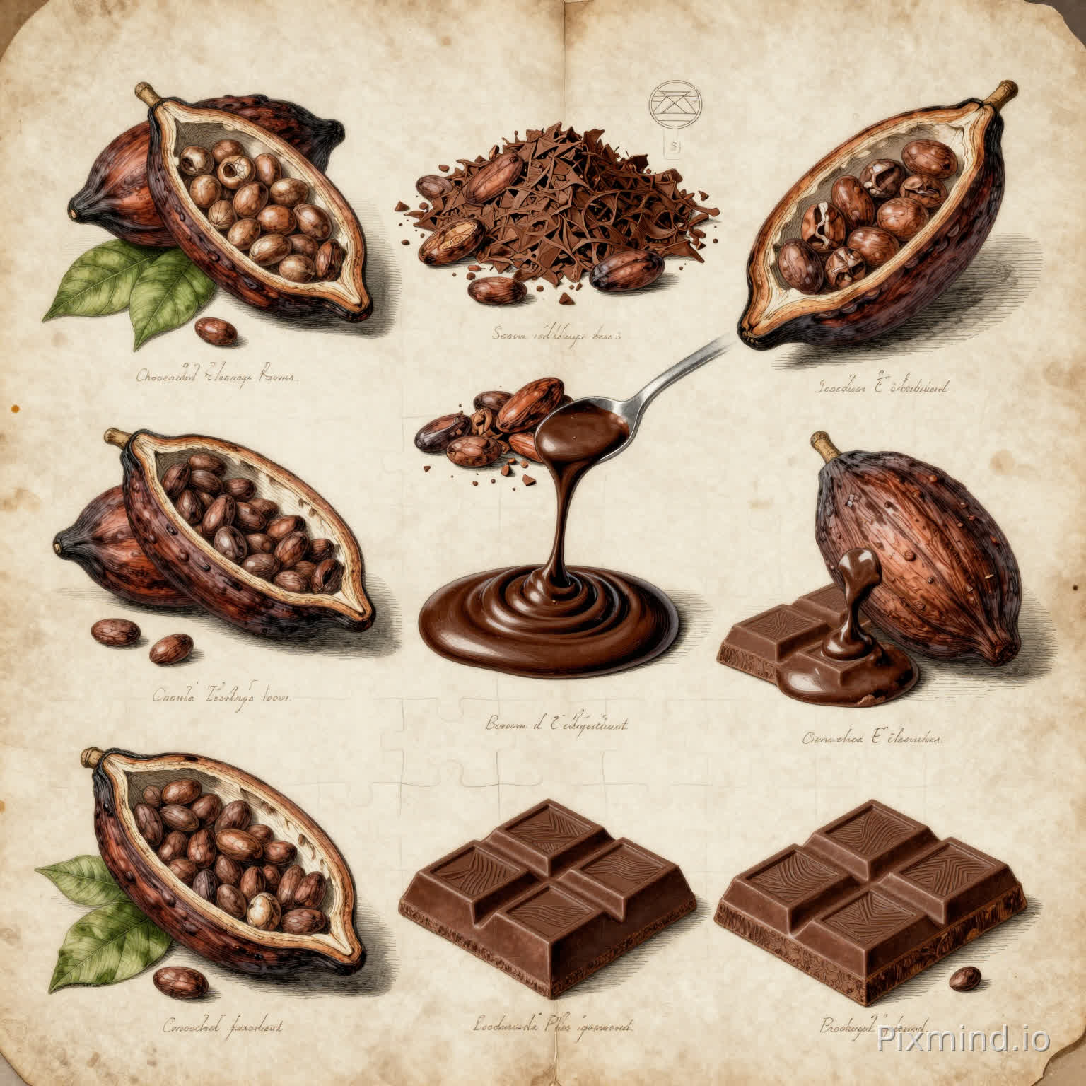 A highly detailed illustration designed for jigsaw puzzle composition, featuring a vintage botanical plate documenting the chocolate-making process in the style of a 19th-century scientific encyclopedia illustration. The composition carefully displays each stage of production, including raw cocoa pods split open to reveal beans, piles of roasted cocoa beans, crushed cocoa nibs, flowing melted dark chocolate, and neatly arranged finished chocolate bars with detailed surface textures. Every element is rendered using refined copperplate engraving techniques with delicate crosshatching lines, crisp outlines, and hand-colored watercolor accents in warm cocoa browns, muted greens, and aged cream tones. Small handwritten labels, botanical annotations, measurement markings, and decorative numbering surround the illustrations, enhancing the antique educational aesthetic. The artwork is arranged on textured vintage parchment paper with subtle stains, worn edges, and faded archival imperfections for realism. The composition uses a structured layered layout (foreground ingredient studies and tools, midground chocolate preparation stages, background parchment textures and diagram labels) to create strong visual segmentation ideal for puzzle assembly. Ultra-detailed engraving textures, museum-quality natural history illustration atmosphere, elegant scientific composition, masterpiece quality, 8k resolution, perfect for a high-quality jigsaw puzzle.