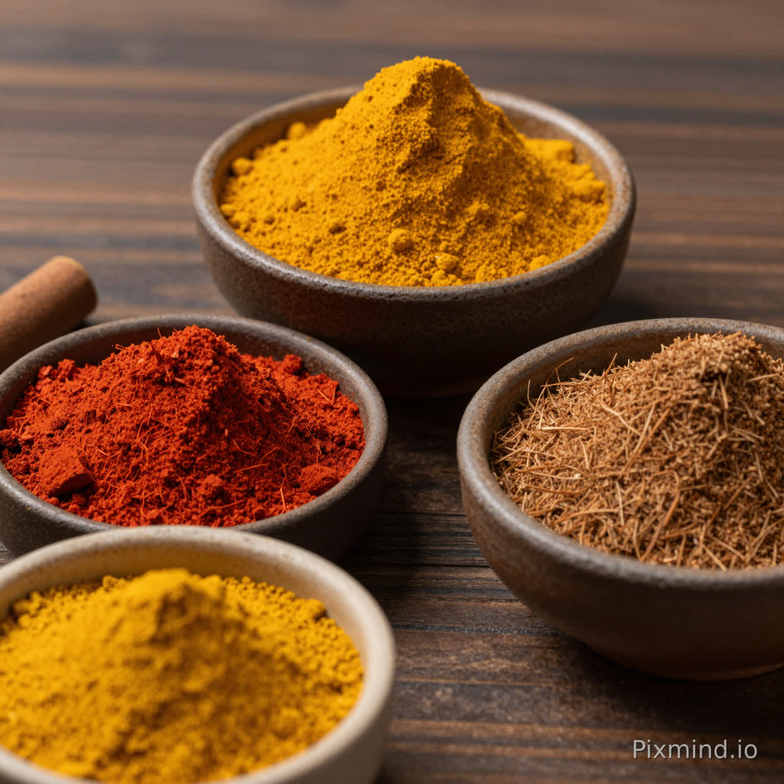 Top-down macro photography of spice mounds, turmeric yellow powder mountain, bright red paprika valley, textured cinnamon hill, arranged in rustic ceramic bowls on a dark wooden table, minimalist culinary composition, fine powder particles visible, warm earthy tones, suitable for a jigsaw puzzle, distinct textures in each bowl.