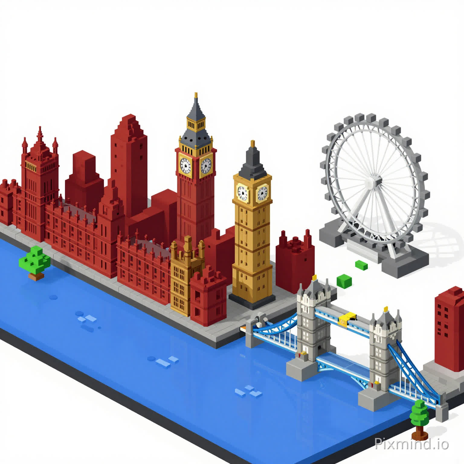 Isometric pixel art of London skyline, Big Ben, London Eye, and Tower Bridge, 3D voxel building blocks, retro 16-bit game aesthetic, crisp pixels, deep red, slate grey, and brass color scheme, arranged along a blue River Thames, top-down oblique view, suitable for a jigsaw puzzle, highly logical straight edges, neat.