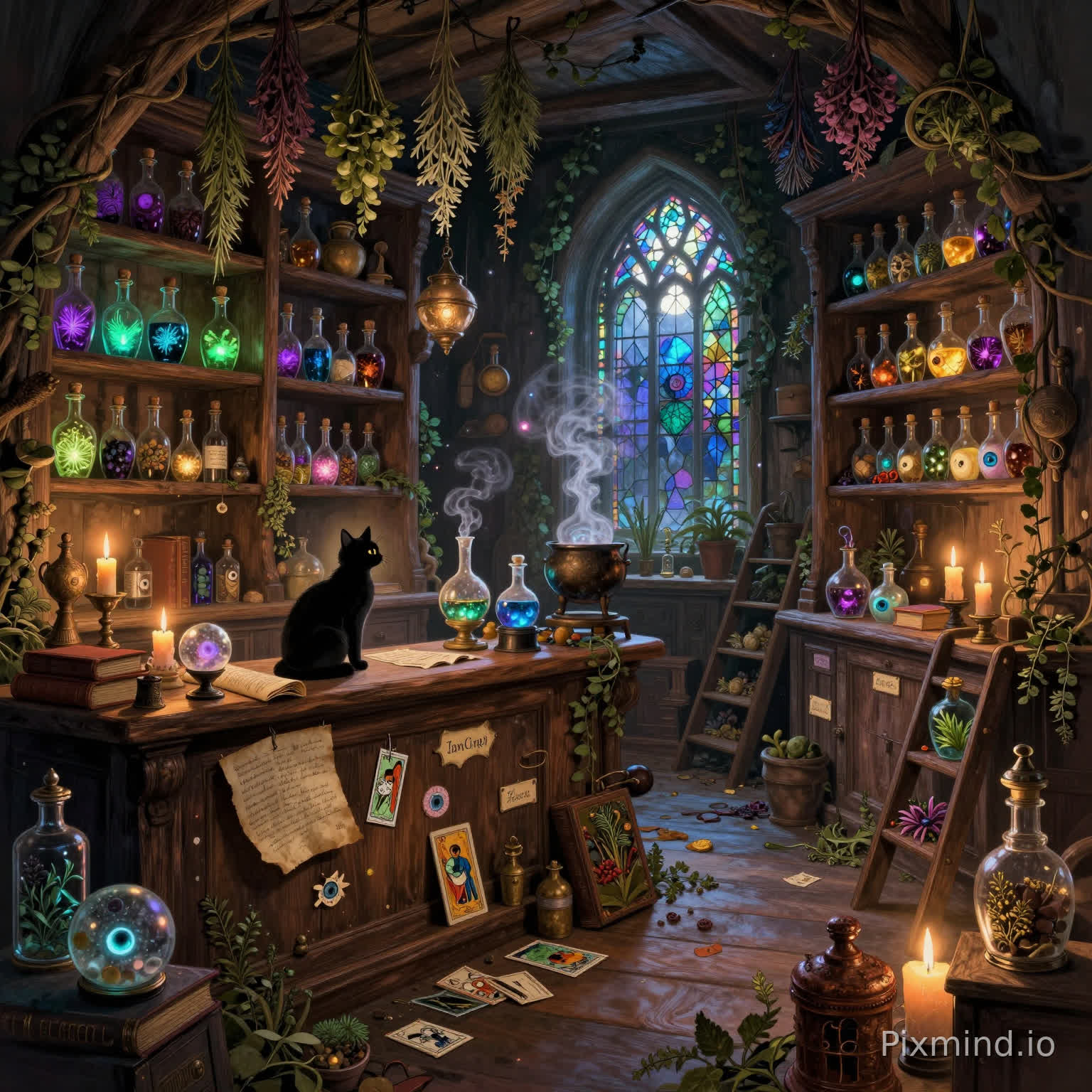 A magical potion shop interior filled with glowing bottles, herbs, and arcane artifacts, in a dark academia + witchcore fantasy illustration style, wide-angle composition, highly detailed cozy interior, designed for a jigsaw puzzle, every corner filled with unique objects, textures, and hidden details; scene description: an old wooden potion shop with tall shelves reaching the ceiling, filled with hundreds of glass bottles containing glowing liquids in purple, emerald green, deep blue, and amber gold, hanging dried herbs, flowers, and roots from wooden beams above, a large wooden counter covered with ancient books, handwritten scrolls, crystal balls, tarot cards, and brass instruments, a black cat sitting on the counter watching quietly, moonlight streaming through a tall arched window with stained glass patterns, a central alchemy table with bubbling cauldrons releasing soft glowing smoke, floating magical particles and subtle sparkles in the air, candles of different heights melting slowly and casting warm flickering light, antique drawers labeled with handwritten tags, a ladder leaning against shelves filled with rare ingredients, glass jars containing mysterious eyes, glowing stones, and herbs, vines slowly creeping along wooden walls in a slightly overgrown but enchanting atmosphere; atmosphere: mysterious yet cozy, with magical warm lighting mixed with cool moonlight contrast, cinematic shadows, rich storytelling environment, no empty spaces, every area visually distinct for puzzle assembly; style: ultra detailed illustration, hand-painted fantasy art style, highly intricate textures, cohesive color grading, soft glow effects, 8K resolution, masterpiece quality, collectible puzzle artwork, western fantasy concept art style, no AI artifacts, no plastic textures.