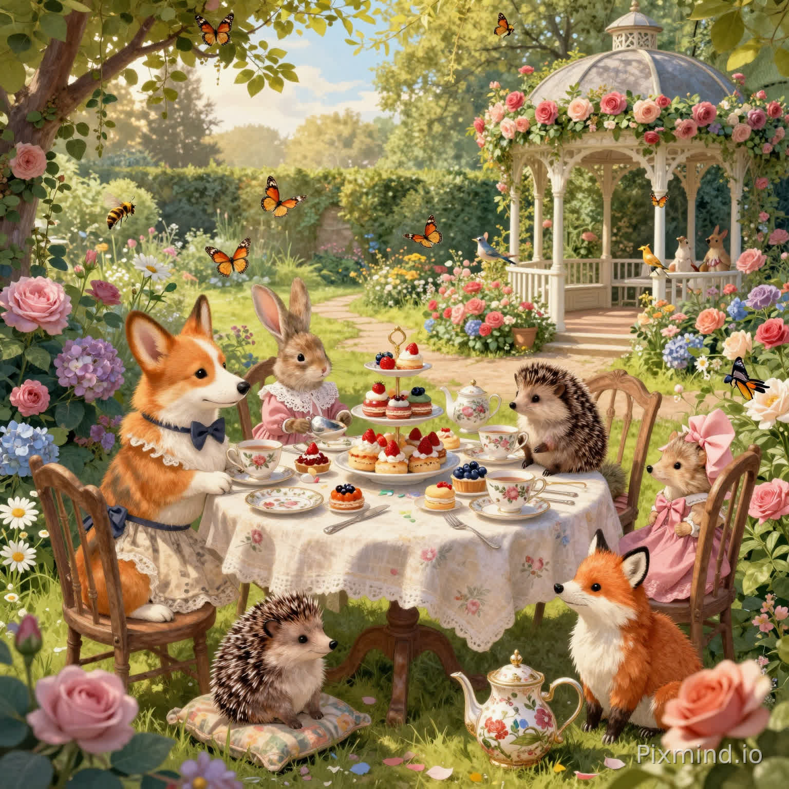 A whimsical English garden afternoon tea animal party in a highly detailed Western storybook illustration style, wide-angle composition, cozy and richly layered scene designed for a 1000-piece jigsaw puzzle, every corner filled with unique objects, textures, and charming decorative details; scene description: a lush blooming garden filled with roses, hydrangeas, daisies, and climbing ivy surrounding a vintage wooden tea table, where adorable animals are hosting a tea party, including a corgi wearing a tiny bow tie, a rabbit in a lace dress, a hedgehog sitting on a cushion, and a small fox carefully pouring tea; elegant porcelain teacups with floral patterns, tiered dessert stands filled with strawberry cakes, macarons, scones with jam and cream, and blueberry tarts; soft linen tablecloth fluttering slightly in the breeze, antique teapots and silver utensils reflecting warm sunlight; butterflies drifting through the air, birds perched on chair backs, bees gently hovering around flowers; a stone garden path winding through the scene, leading to a quaint white gazebo covered in roses; warm golden afternoon sunlight filtering through tree leaves, creating dappled light and soft shadows; atmosphere is cozy, joyful, and magical, with abundant micro-details in every area for puzzle segmentation; ultra-detailed illustration, hand-painted texture, vibrant yet soft color palette, cinematic warm lighting, no empty spaces, highly intricate composition, 8k resolution, masterpiece, collectible puzzle artwork, Pinterest cottagecore aesthetic, dopamine decor style, no AI artifacts, no repetitive patterns
