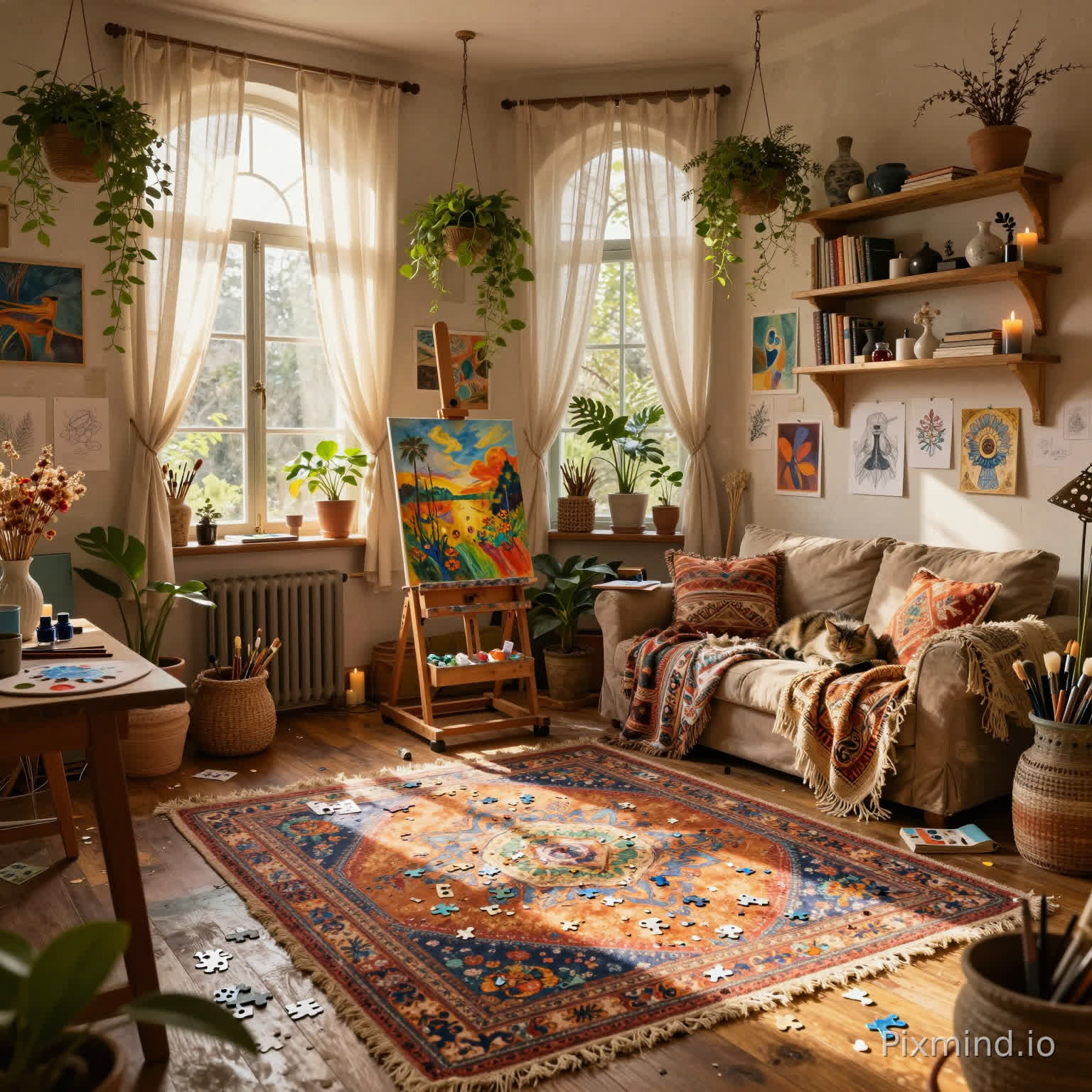 A cozy bohemian artist studio interior in a highly detailed Western illustration style, wide-angle composition, richly layered and immersive space designed for a jigsaw puzzle, every corner filled with unique objects, textures, and creative clutter; scene description: a sun-drenched studio filled with large arched windows covered in light linen curtains gently flowing in the breeze, warm golden sunlight spilling across the room, illuminating paint-splattered wooden floors and textured plaster walls covered in pinned sketches, watercolor studies, and abstract art pieces; a central wooden easel holding a half-finished vibrant painting surrounded by scattered brushes, palettes, and tubes of oil paint; vintage rugs layered on the floor with intricate bohemian patterns in warm earthy tones; a low sofa covered in woven blankets and patterned cushions, with a sleeping cat curled up on it; shelves filled with art books, ceramic vases, dried flowers, candles, and handmade pottery; hanging plants cascading from ceiling hooks, adding lush greenery throughout the space; a cluttered worktable with sketchbooks, ink bottles, charcoal sticks, and small sculptures; soft fairy lights and warm lamps creating a gentle ambient glow contrasting with natural sunlight; atmosphere is peaceful, inspiring, and lived-in, full of artistic warmth and personality; extremely rich micro-details everywhere for puzzle segmentation, no empty areas, highly intricate composition, cinematic warm lighting, soft shadows, hand-painted texture, authentic boho aesthetic, ultra-detailed illustration, 8k resolution, masterpiece, collectible puzzle artwork, Pinterest bohemian decor style, cozy maximalism, dopamine aesthetic, no AI artifacts, no repetitive textures