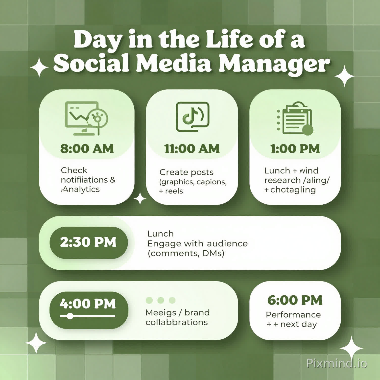 Create a trendy, aesthetically pleasing ‘Day in the Life of a Social Media Manager’ vertical infographic. Use a cohesive green and white color palette that matches a deep olive background (#6F8F27). Incorporate soft gradients and subtle texture inspired by a mosaic tile pattern with varying green tones (sage, lime, olive, forest) similar to a glossy tiled border.
Design a clean timeline layout from morning to evening with rounded shapes, soft shadows, and modern icons. Include time blocks with short, stylish descriptions:
8:00 AM – Check notifications & analytics
9:00 AM – Content planning + scheduling
11:00 AM – Create posts (graphics, captions, reels)
1:00 PM – Lunch + trend research (TikTok/Instagram)
2:30 PM – Engage with audience (comments, DMs)
4:00 PM – Meetings / brand collaborations
6:00 PM – Review performance + plan next day
Use a cute, trendy, slightly minimalist style. Headings should be bold white (#ffffff) with a dark green shadow effect (#26480e) to create depth. Keep fonts modern and clean with a social-media aesthetic.
Add small decorative elements like sparkles, stars, or abstract shapes in white and light green to enhance the ‘cute but professional’ vibe. Ensure spacing is balanced and the overall look is polished, cohesive, and presentation-ready.