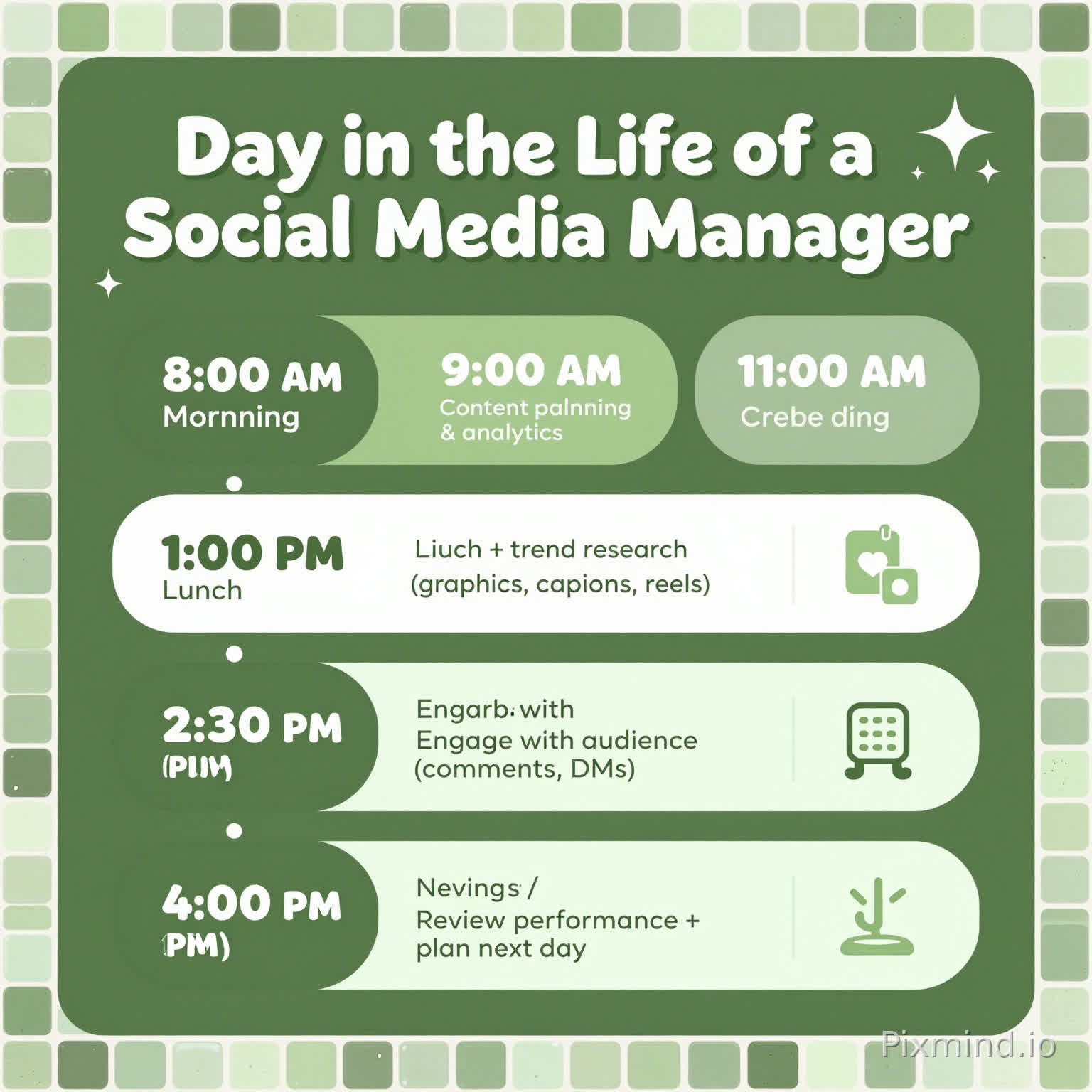 Create a trendy, aesthetically pleasing ‘Day in the Life of a Social Media Manager’ vertical infographic. Use a cohesive green and white color palette that matches a deep olive background (#6F8F27). Incorporate soft gradients and subtle texture inspired by a mosaic tile pattern with varying green tones (sage, lime, olive, forest) similar to a glossy tiled border.
Design a clean timeline layout from morning to evening with rounded shapes, soft shadows, and modern icons. Include time blocks with short, stylish descriptions:
8:00 AM – Check notifications & analytics
9:00 AM – Content planning + scheduling
11:00 AM – Create posts (graphics, captions, reels)
1:00 PM – Lunch + trend research (TikTok/Instagram)
2:30 PM – Engage with audience (comments, DMs)
4:00 PM – Meetings / brand collaborations
6:00 PM – Review performance + plan next day
Use a cute, trendy, slightly minimalist style. Headings should be bold white (#ffffff) with a dark green shadow effect (#26480e) to create depth. Keep fonts modern and clean with a social-media aesthetic.
Add small decorative elements like sparkles, stars, or abstract shapes in white and light green to enhance the ‘cute but professional’ vibe. Ensure spacing is balanced and the overall look is polished, cohesive, and presentation-ready.