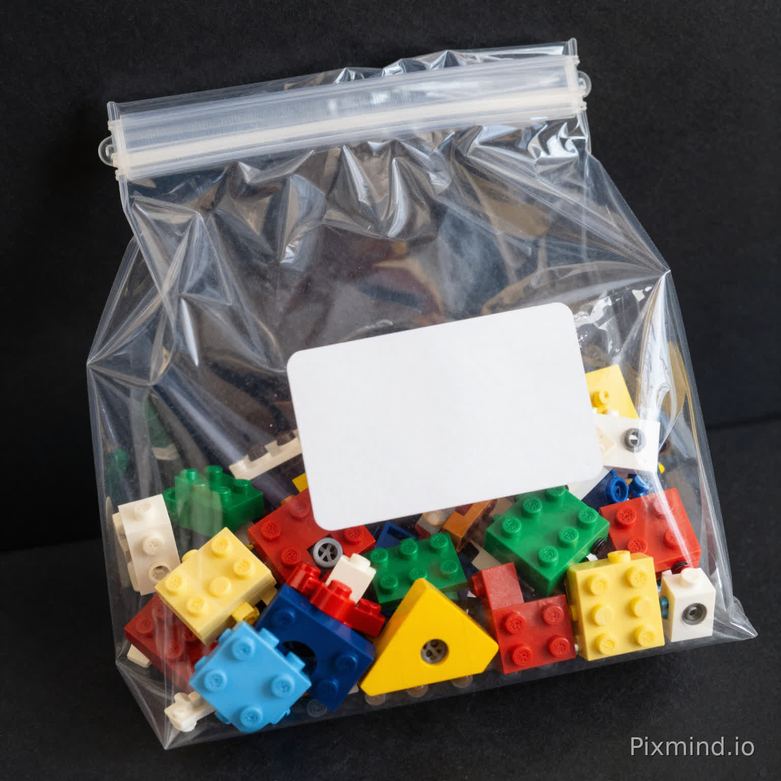 una bolsa transparente con una etiqueta blanca sin texto y 10 piezas de varios colores de lego en su interior