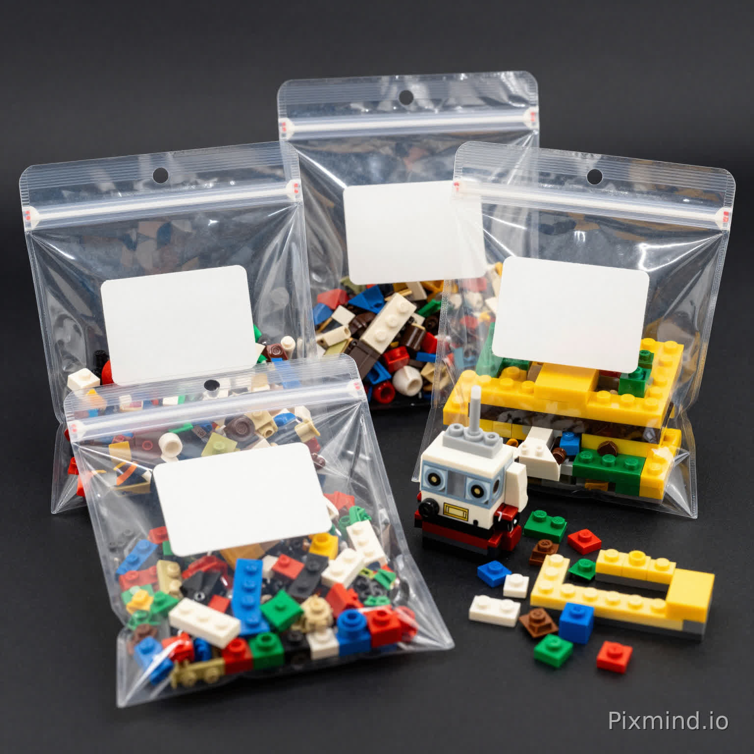 4 bolsas transparentes con una etiqueta blanca sin texto y 10 piezas de varios colores de lego en su interior
