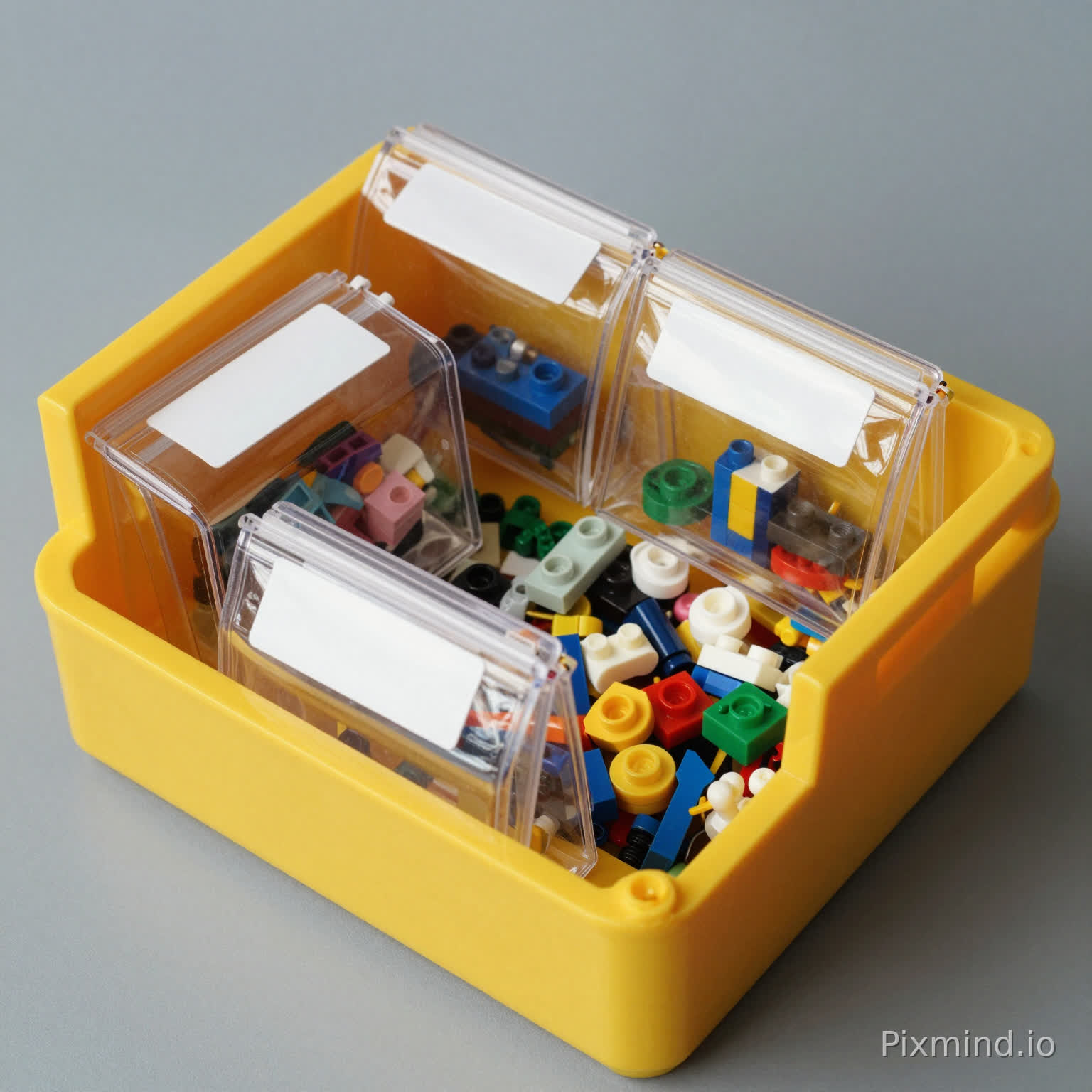 una caja de carton quadrada de color carton, con 4 bolsas transparentes con una etiqueta blanca sin texto y 10 piezas de varios colores de lego en su interior