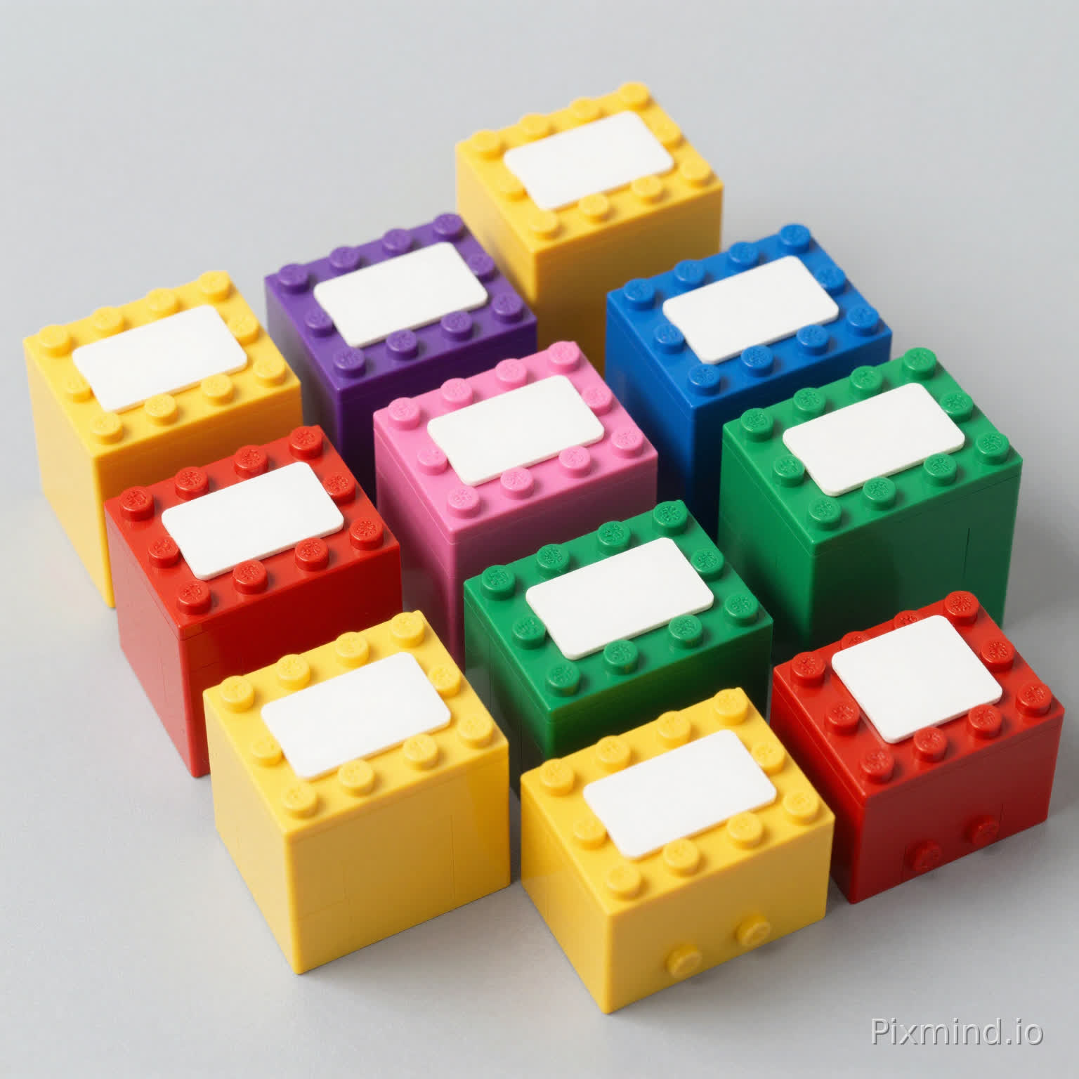 15 cajas cuadradas de color carton, con una etiqueta blanca sin texto, con bolsas en su interior de piezas de lego