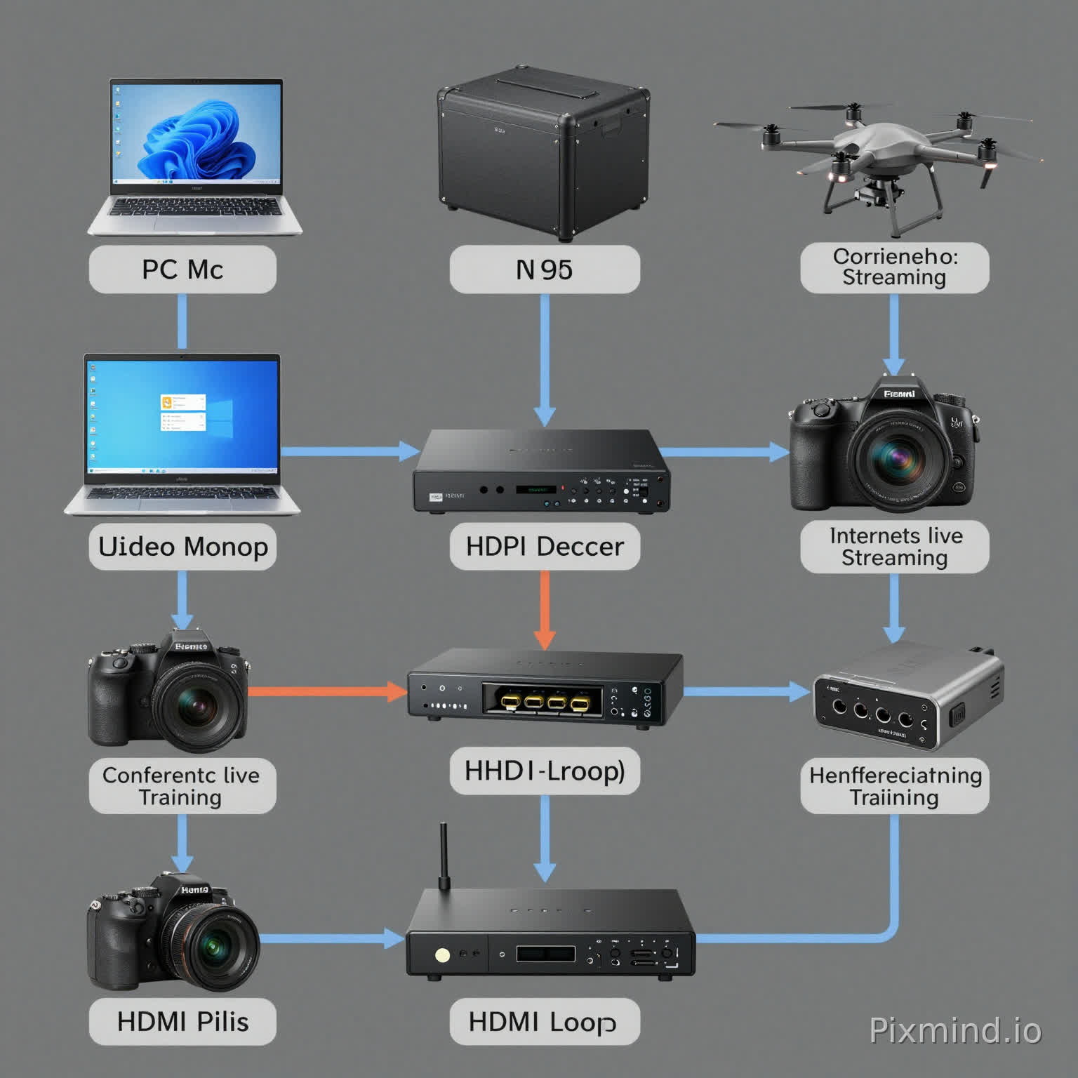 PC, Laptop, Camera, TV Set - Top Box, UAV, Camera/Camcorder, Video Decoder, Internet live streaming, Conference Training education, Monitoring, HDMI Input, HDMI loop - through, Switch/Router, electronic devices connection diagram, clear structure, technical illustration.
