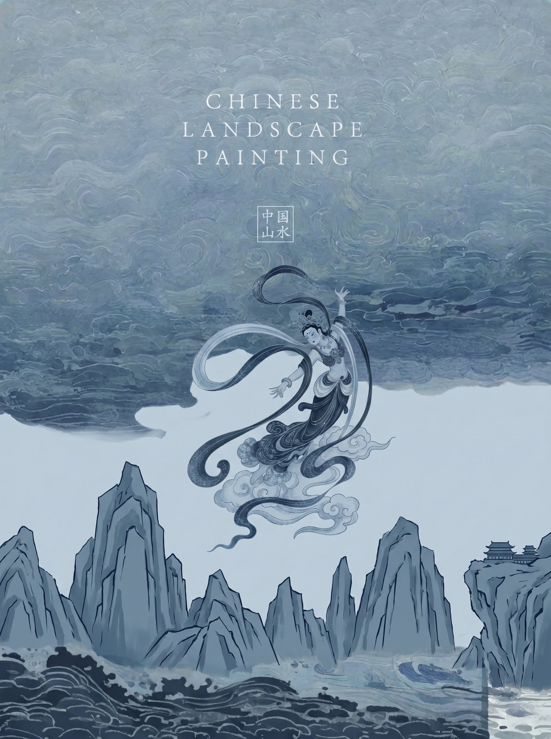 图二颜色调整为图一的蓝灰色调,图一上部分留白可以多一些,下部分画面的山体可以矮一些参差不齐,不需要很规整,轮廓硬朗、棱角分明,打破了传统山水的柔和线条。旁边建筑可以再小一些,整体为远视视角,氛围比较静谧