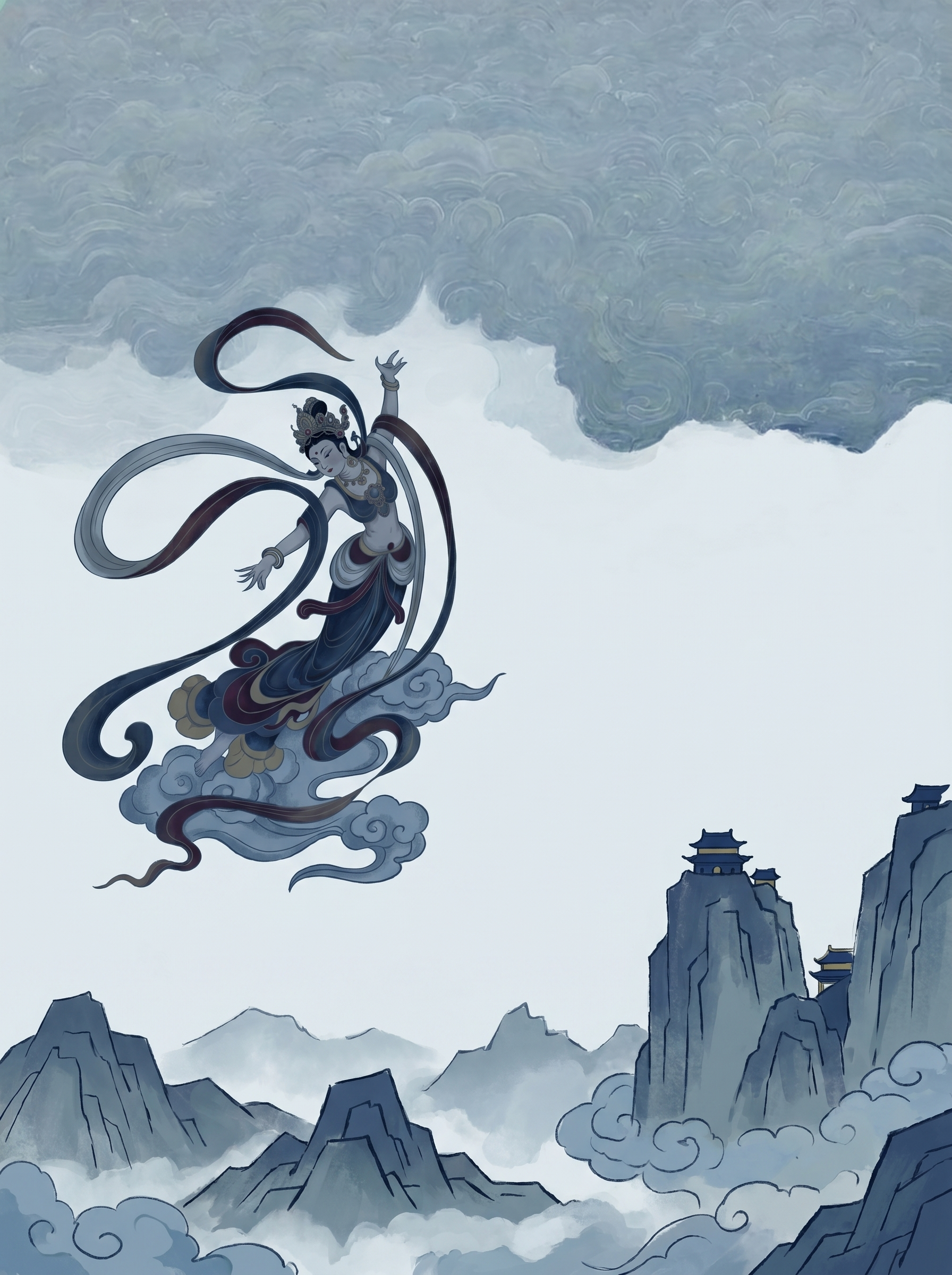 图一颜色调整为图二的蓝灰色调,图二上部分留白可以多一些,下部分画面的山体可以矮一些参差不齐,不需要很规整,轮廓硬朗、棱角分明,打破了传统山水的柔和线条。旁边建筑可以再小一些,整体为远视视角,氛围比较静谧