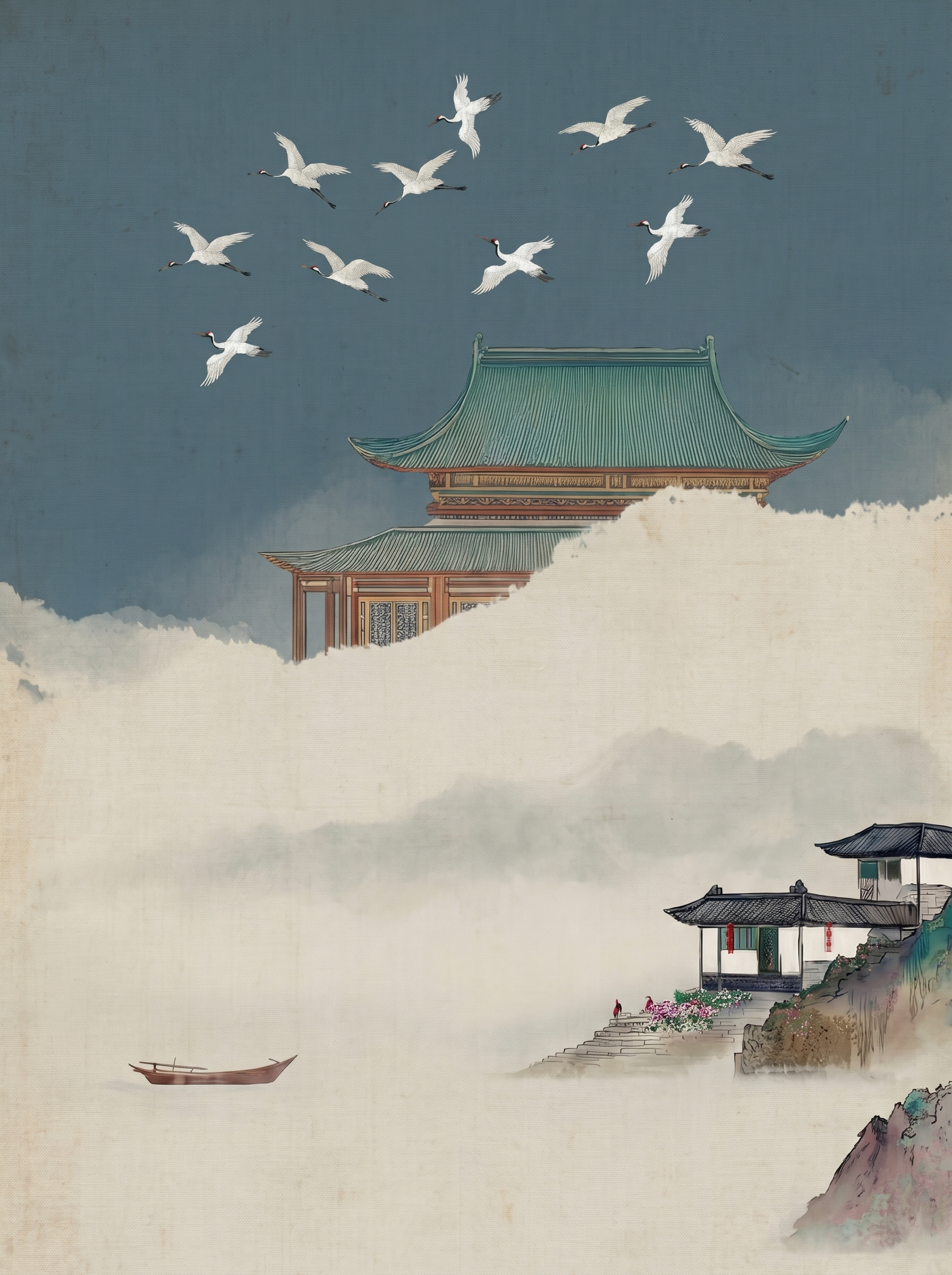 惨老例图的构图与绘画风格,帮我生成一幅新的图片,本例图素材为网络上找到的,为避免产生侵权仅供参。
主体建筑与场景
主体宫殿:画面中上部是一座典型的中式古建筑,拥有歇山顶的绿色琉璃瓦,屋脊、檐角和斗拱的细节都用工笔线条勾勒得十分精致,色彩沉稳雅致,像古代皇家建筑或寺庙的大殿。
近景民居:画面右下角是几处小巧的民居,白墙黑瓦,屋前有花草和,带着浓厚的烟火气,与远处的大殿形成对比,增添了画面的层次感和故事感。
水面与小舟:左下角的一叶扁舟漂浮在留白的水面上,极简的线条勾勒出船身,呼应了传统国画中 “孤舟独钓” 的意象,营造出静谧悠远的氛围。
点睛元素:仙鹤群
画面上方的几只仙鹤群是视觉焦点,它们姿态各异、展翅齐飞,白色的羽毛搭配红色的头顶,在蓝灰色的背景中格外灵动。
仙鹤在中国文化中象征着长寿、高洁与吉祥,也常被用来烘托仙境般的氛围,让画面的意境更加空灵出尘。
背景与风格表现
背景与留白:上半部分是大面积留白深蓝灰色的渐变天空,下半部分淡色晕染模拟云雾 / 水面,这种 “虚实结合” 的处理,是传统国画的经典手法,让画面显得透气又有想象空间。
质感与色调:整体色调以低饱和的蓝灰色为主,搭配建筑的青绿、棕红,色彩柔和统一;背景带有细腻的布纹肌理,模拟宣纸或绢本的质感,让画面更具工笔国画的韵味。