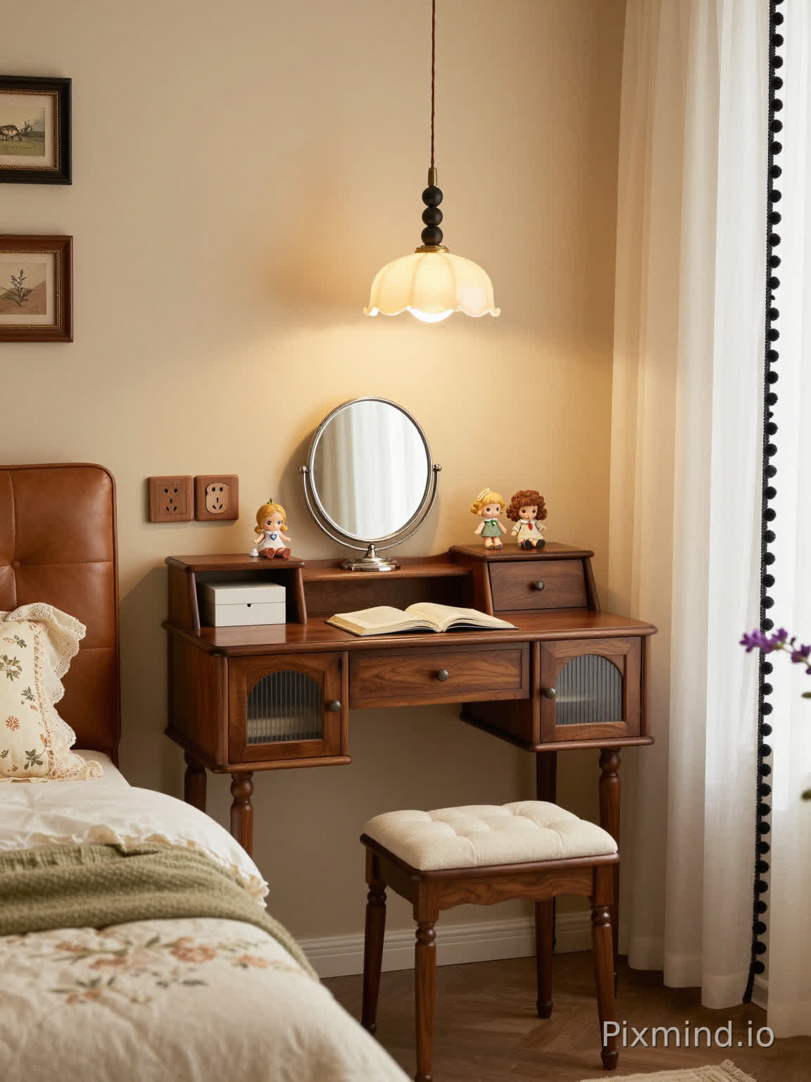 photorealistic interior photograph of a cozy vintage bedroom corner, warm light beige walls, a mid-century dark walnut wooden vanity desk with arched carvings and fluted glass cabinet doors, a matching wooden stool with a tufted off-white cushion in front of the desk, on the desk: a round silver vanity mirror, two cute doll figurines, a stack of white boxes, an open book, above the desk hangs a vintage pendant lamp with three black spherical beads and a cream glass scalloped shade, left side shows part of a bed with caramel brown leather headboard, floral print bedding with lace trim and a light green throw blanket, two framed artworks on the wall above the bed, multiple vintage wooden electrical outlets on the wall behind the desk, right side has sheer white curtains with black pom-pom trim, a purple flower arrangement peeking in, warm soft lighting, shallow depth of field, hyper-detailed wood grain and fabric texture, cozy vintage aesthetic, shot with a DSLR camera, f/1.8, 35mm lens, 8K resolution, warm golden tone, no AI artifacts