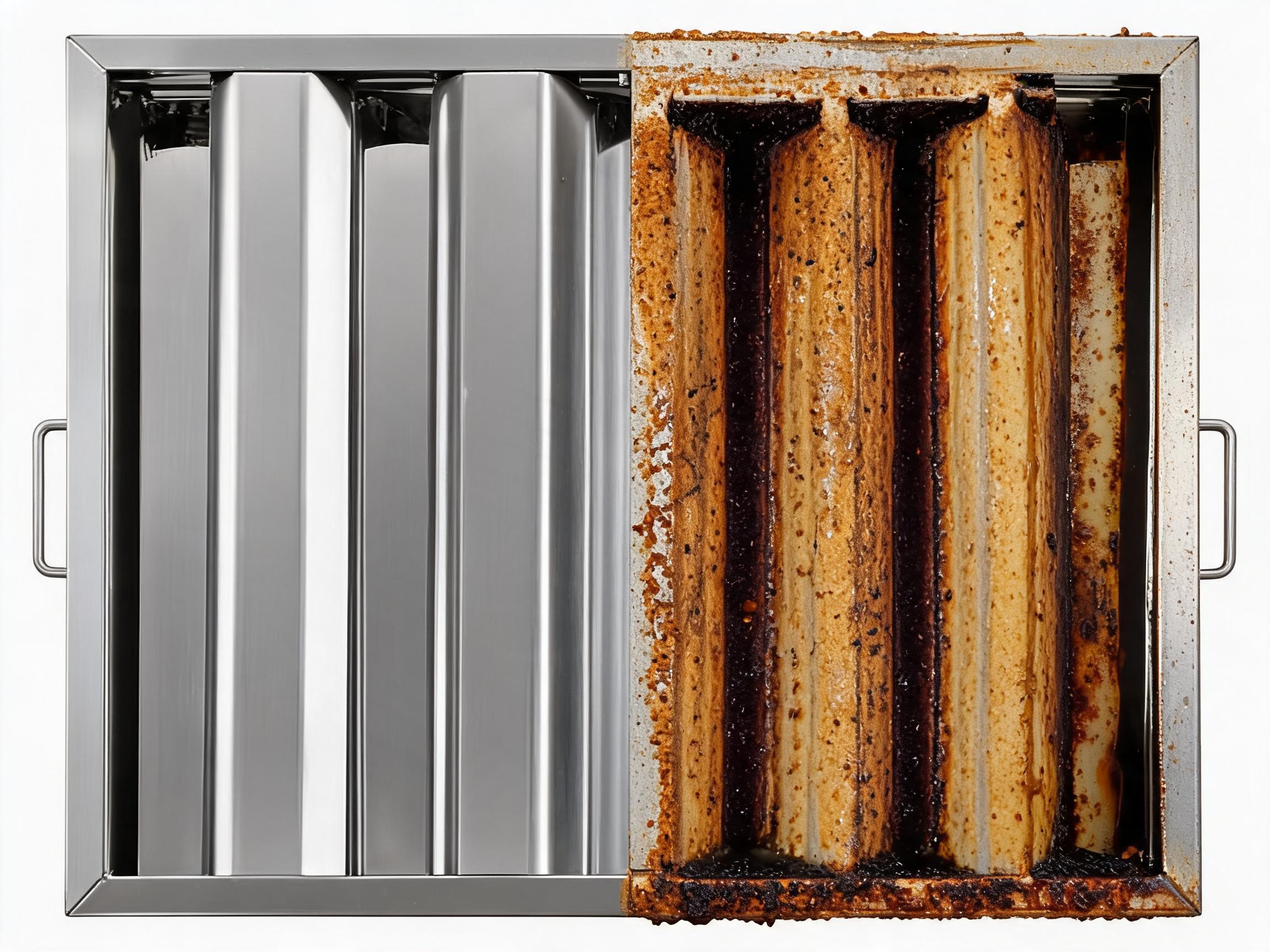 the 'clean baffle filter' on the left shows a clean commercial kitchen baffle filter. The other image shows a used kitchen baffle filter with half of it clean and the other half contaminated with a build-up of kitchen grease. create an image similar to the contanimated baffle filter, but use the clean baffle filter image