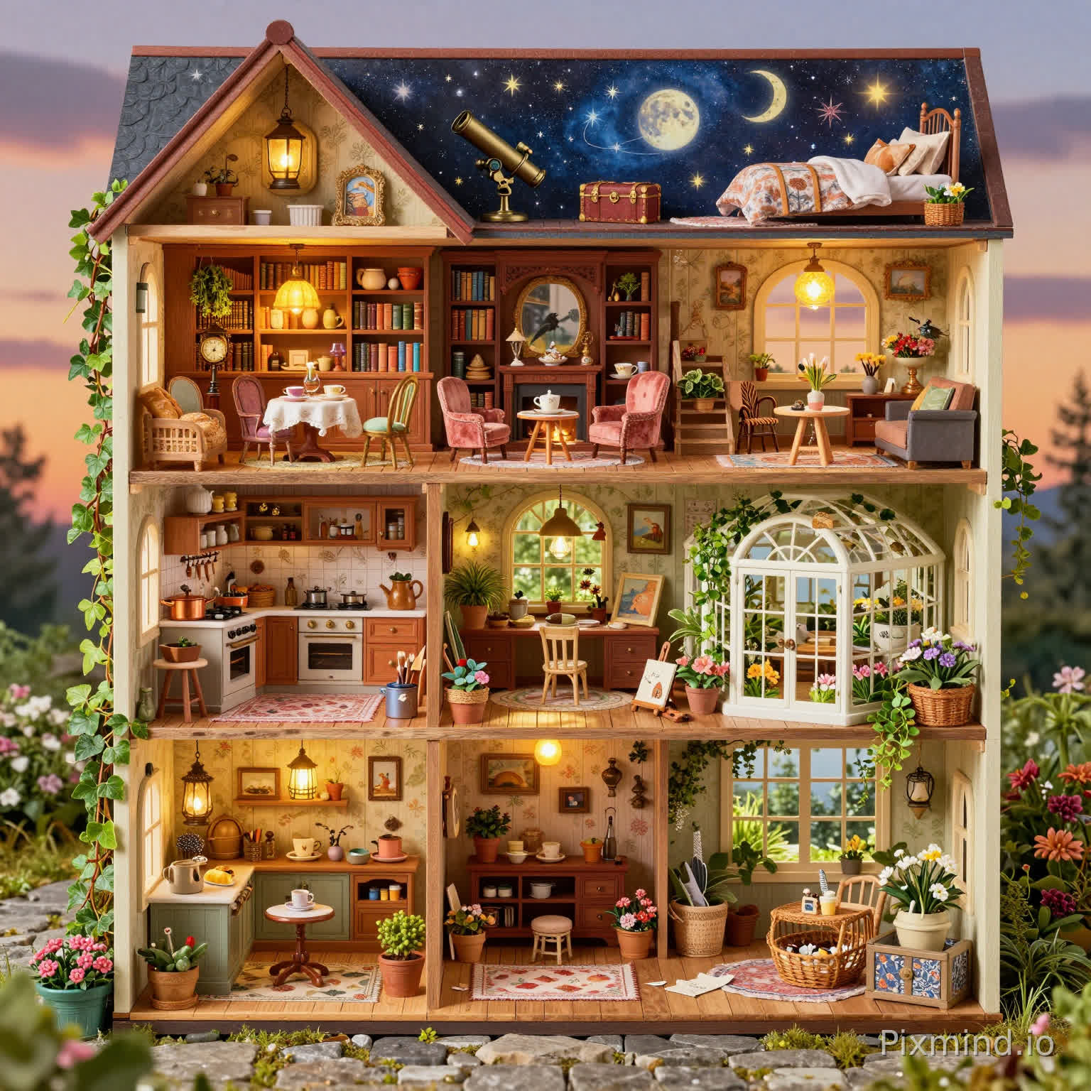 A highly detailed four-story dollhouse cross-section illustration in a warm Western storybook style, wide-angle composition, symmetrical cutaway view designed especially for a jigsaw puzzle, every room filled with unique objects, textures, colors, and tiny storytelling details; scene description: a charming vintage dollhouse shown in full cutaway perspective with four richly decorated floors, each room featuring a completely different cozy lifestyle scene; the ground floor contains a rustic kitchen with copper cookware, fresh bread, hanging herbs, floral wallpaper, and a tiny cat sleeping near the oven; the second floor features an elegant library and tea room with overflowing bookshelves, glowing lamps, antique clocks, velvet armchairs, teacups, pastries, and warm fireplaces; the third floor contains an artist studio and greenhouse room filled with canvases, paintbrushes, pottery, cascading plants, glass windows, and sunlight streaming across wooden floors; the attic level includes a magical astronomy bedroom with star maps, telescopes, glowing lanterns, hanging moons, vintage trunks, and soft fairy lights; tiny staircases connect every level, with hidden details such as mice carrying cheese, birds nesting near windows, miniature paintings, potted flowers, sewing baskets, candles, letters, and decorative rugs scattered throughout; outside the dollhouse are climbing ivy, flower boxes, stone pathways, and warm evening sky visible through the windows; atmosphere is cozy, whimsical, nostalgic, and richly immersive, with no empty spaces and every puzzle piece visually distinct; ultra-detailed hand-painted illustration, layered textures, cinematic warm lighting, intricate interior decoration, vibrant but harmonious colors, authentic storybook aesthetic, collectible puzzle artwork, Pinterest cottagecore aesthetic, cozy maximalism, dopamine decor, masterpiece, 8k resolution, no AI artifacts, no repetitive patterns