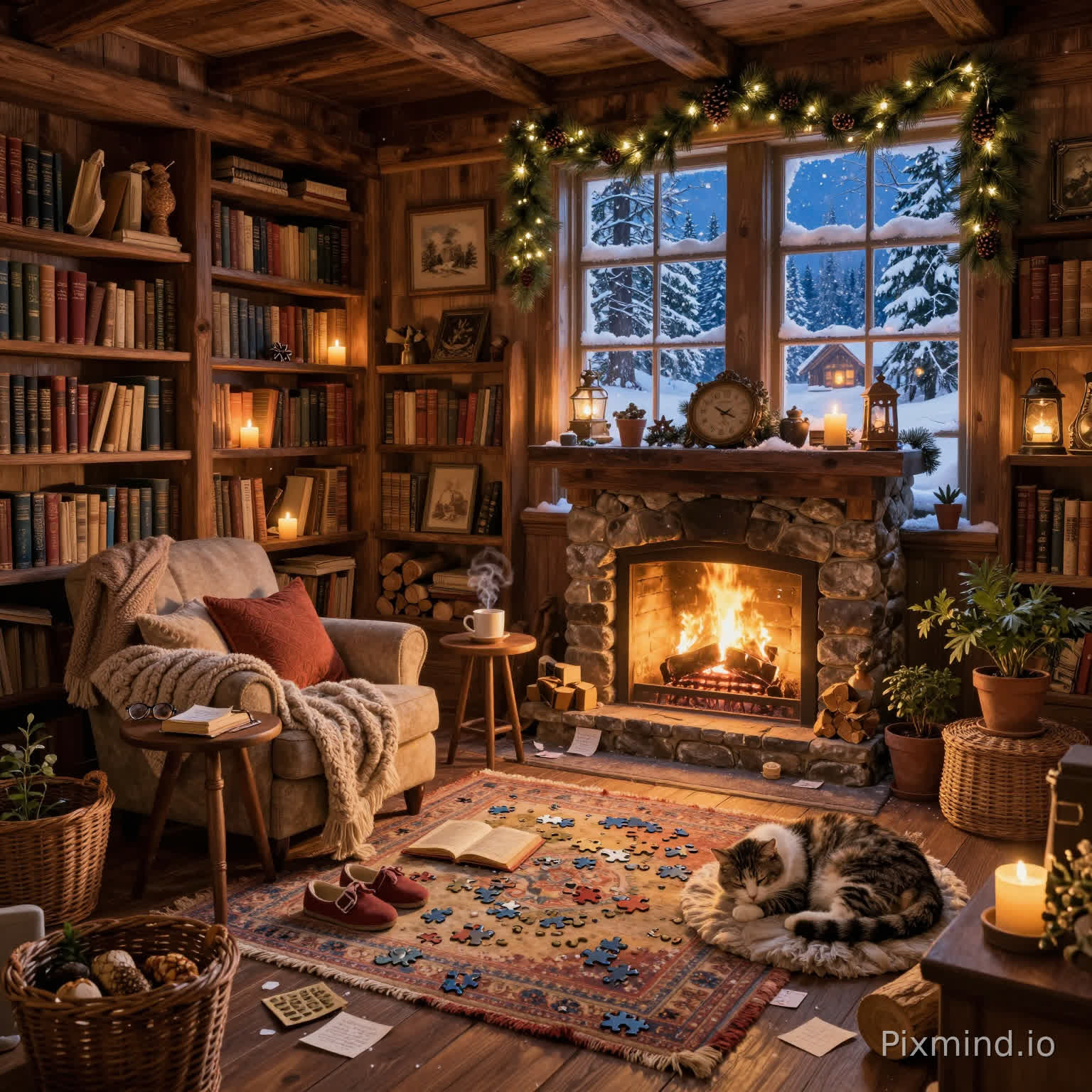 A cozy winter fireplace library interior in a highly detailed Western storybook illustration style, wide-angle composition, richly layered environment designed especially for a jigsaw puzzle, every corner filled with unique objects, textures, and warm decorative details; scene description: a charming wooden cabin library centered around a large stone fireplace with glowing crackling flames casting warm golden light across the room, surrounded by towering bookshelves overflowing with old books, candles, framed artwork, and tiny trinkets; a plush armchair covered with knitted blankets and soft pillows sits beside the fire, with an open book, steaming mug of hot cocoa, and reading glasses resting on a small wooden side table; a fluffy cat sleeping peacefully on a patterned rug near stacked firewood while gentle candlelight flickers throughout the room; large snow-covered windows reveal a peaceful winter forest outside with softly falling snow, glowing lanterns, pine trees, and distant warm cabin lights; garlands, fairy lights, pinecones, and subtle holiday decorations add a magical seasonal atmosphere without overpowering the cozy aesthetic; foreground details include woven baskets, slippers, logs, tiny pastries, vintage clocks, potted plants, and scattered handwritten notes creating abundant micro-details for puzzle segmentation; atmosphere is warm, nostalgic, peaceful, and deeply immersive, with strong contrast between golden firelight and cool snowy blue tones outside the windows; ultra-detailed hand-painted illustration, cinematic warm lighting, rich textures, authentic cozy cottagecore aesthetic, highly intricate composition, no empty spaces, collectible puzzle artwork, Pinterest cozy interior style, hygge atmosphere, masterpiece, 8k resolution, no AI artifacts, no repetitive patterns.