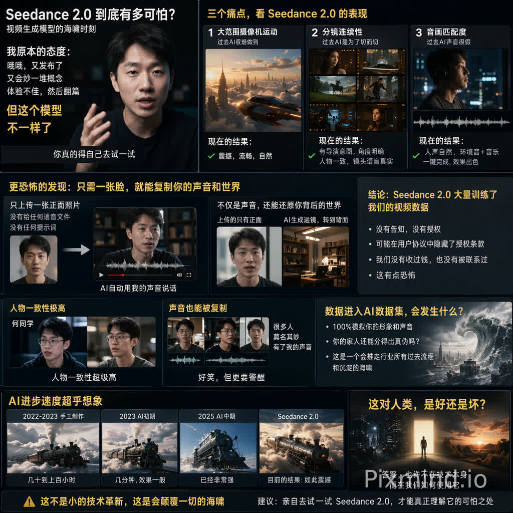 首先这不是一个广告这个视频录得也很突然因为字节跳动刚刚发布了一个叫做 seedance 2.0的模型那正常面对 ai 模型我的态度就是哦哦又发布了然后会炒一堆很厉害的概念然后实际体验不怎么好然后翻篇但是这个模型一开始我看到也是视频中我觉得啊这个也能做到比如你看这个那重点在于它的精细度对吧这个真的很厉害然后我看到网上的人都开始产出内容比如这个比如这个那我不说它完美无缺但是你能明显感觉到比以前的 ai 视频要强很多对吧那这个时候我就觉得这个模型有点不简单了然后就是我们公司自己的能开始生产内容我自己也试了我的感受就是你真的得自己去试一试假如二零二六年初视频生成模型已经是这个水平了那我感觉传统影视流程距离被 ai 海桥冲走已经彻底进入倒计时了我没有危言耸听我们一起来看看视频生成模型在今天是什么样其实过去的视频生成模型已经很不错了看着都挺像回事但是有几个点你是能让它破攻的那就是大范围摄像机的运动分镜的连续性还有音画的匹配度那么从这三个痛点来看一看 cdance 二点零的表现那首先大范围的运动我们请公司的 ai 导演撰写了这样一段文本还有图片没有给别的任何的信息这是我们产出的结果这个不震撼吗这种运镜是现在 ai 能够生成的了什么你想改个更离谱的运镜没有问题我们改一下提示词再来看一眼反正应该不用多说了过去我们鉴别 ai 视频是看摄影机运动假不假这种方式已经基本上确定是失效的了那我们现在进入第二个点分镜以往的模型是可以生成分镜对吧但是以前的分镜是这样的它就有点为了切而切最多给点特写然后再给个全景它的运镜本身是接不上的至少和真人就我们人做的视听语言是有区别的那么好我们接下来来看看这个模型最震撼的地方我们来看看一句话让它生成的视频它的分镜设计这个我不知道你有没有注意到他不是只给了特写他是有明确的角度的切换而且他是有一个导演的意图在的而且人物也没有走形可能我这样讲听起来不够明确我们用一个俯视图来模拟看一下它的职位的变化你看这个切进这个切进这个切进它就像是真人导演一样在不断地改变摄影词的位置还有视角为的就是让观众你能够对于重要内容有一个更好的理解这是一个导演的思维存在他这里有一个专注点就以前我脑子里想的是 ai 生成一个视频能够一段地生出来然后剪辑师把它剪起来变成一个厉害的作品但是现在就是我们得意识到这种模型一旦成熟将来是不需要剪辑师的它没有筛选或者废片的概念它所有的东西都是有用的只要生成的分镜够好我为什么需要剪辑就我过去真的一直以为剪辑是一种情感表达你插几帧你的情绪会变得不一样所以必须得人来做但现在我们必须得面对这这个问题就是你怎么确定你插的这几帧你的思考比 ai 插的这几帧更好尤其是它可以给你无数个版本而且很快就能给你那我们现在进入最后一个点音画的匹配如果一个视频没有声音那会大打折扣过去 ai 最大的问题就是配的声音很假尤其是人说话加上环境音加音乐混在一起就不自然那我们再来看一下这个模型的效果还不错对吧你要知道以前做音效和混音需要人手工一个个贴上去要一天或者更久的时间现在一键就完成了但是声音模型现在行业里面你要说把优秀的也不少了我觉得这个你不会觉得很震撼但我想讲一个有点我们意外发现但是比较恐怖的事情就是我发现一个点只要把我就我本人的脸传到 c dance 二点零上面这个 ai 它会自动用我的声音说话啊我不确定你有没有听明白我在说什么就是在没有给任何提示任何词语任何信息的情况之下我也没有给我的声音文件只是把我的脸这不是一个广传上去这个 ai 居然知道这张脸的声音是我的这个声音我给你们演示一下这是我们用一句话加上我的照片生出来的结果正常面对 ai 模型我的态度就是哦哦哦又发布了然后又会炒一堆很厉害的概念然后实际体验不佳然后翻篇但是这个模型一开始我看到的演示视频就让我觉得啊这个你不觉得恐怖吗而且最恐怖的点是不只是我的声音而是我们上传的照片是这样的对吧只有楼的正面但是你看它的运镜它可以转到楼的另一面那现实中我们的楼的另一面是什么样呢是这样这不恐怖吗他知道我背后的东西是什么即便我没有告诉他这基本上可以确定一件事情就是 cds 二点零很大量地训练了我们公司的视频那你肯定会问 team team 他们有没有问你要版权那我简单来说平台的用户协议里面我不知道可能隐藏了类似的授权的一个条款但是我个人没有收过钱也没有被联系过授权也许他们在法理上是合规的但是这有点恐怖对吧就是更恐怖的是我们测试了别的博主比如何同学你会发现人物形象的一致性超级高我们平时看到的沙子都是由石头经过漫长的风化形成的都是时间赠予我们的礼物啊这不过可能何同学的视频音质还有一些空间啊可以提升结果我们发现 c dance 这次选择了用我的声音来赋我给他然后还有很多人也都莫名其妙的有了我的声音反正这个有点好笑但是我觉得笑完得回归严肃我真心觉得我们大家现在得警醒因为我们算得上是一个案例就是最早把所有的信息数据尤其是图像和声音数据传到云端的公司还有我这个个体尤其是高清内容你现在就能够看到如果一个人的数据全部进入了 ai 的数据集会发生什么它能够百分之一百的模拟出你的任何的形态还有声音那请问这样的内容你的家人分得出身价吗就我想看到这里你应该能够理解为什么我们要做这个视频这不是一个小的技术革新这是一个会推走行业所有过去流程和沉淀的一个海啸我就会这么形容他那在结束之前我想再来举一个案例就我们前段时间出了一个视频ai 可以替代我那我的意义是什么那个视频里面我们讲述了我们帮助一位得了肿瘤的粉丝做了 mv花了两年的时间做特效但是最终我们发现我仍越努力做越比不过 ai 的进步速度我以前学的东西越没有价值在二零二二和二三年我们手工做一些这样列车飞天的镜头大概需要几十个到上百个小时而二零二三年的 ai 几分钟可以做出这样的结果不怎么好但是二零二五年两年以后到了中期 ai 可以做出这样的结果已经非常强了对吧那请问今天的 cds 二点零呢我们也试了一下这是它现在的结果所以多说无益我真的觉得你自己亲自去试一试这个 ai 模型能更好地理解它的可怕的地方就它还不算真正改变视频行业的 ai 我打心里里说是这样但是即将登场的下一个 ai下一个版本可能就是了那请问这对人类是好还是坏呢