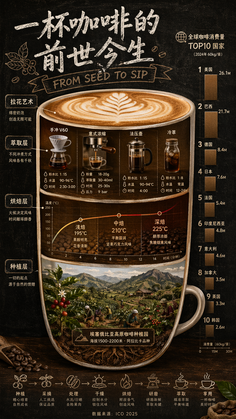 06 "一杯咖啡的前世今生"信息图海报。画面以一个超大的咖啡杯横截面为中心,杯内分层展示咖啡从种植到饮用的全过程:最底层是埃塞俄比亚高原的咖啡种植园微缩场景,标注"海拔1500-2200米·阿拉比卡品种";中间层是烘焙过程的温度曲线图"浅焙195°C·中焙210°C·深焙225°C";上层是萃取层,展示不同冲煮方式的对比图标手冲V60、意式浓缩、法压壶、冷萃,各附参数;最顶层是拉花艺术的俯视图。杯壁外侧纵向排列全球咖啡消费量TOP10国家柱状图。主标题"一杯咖啡的前世今生"/"FROM SEED TO SIP"用手写粉笔字体写在黑板质感的背景上,底部小字标注"数据来源:ICO 2025"。配色为咖啡棕色系渐变,温暖醇厚。