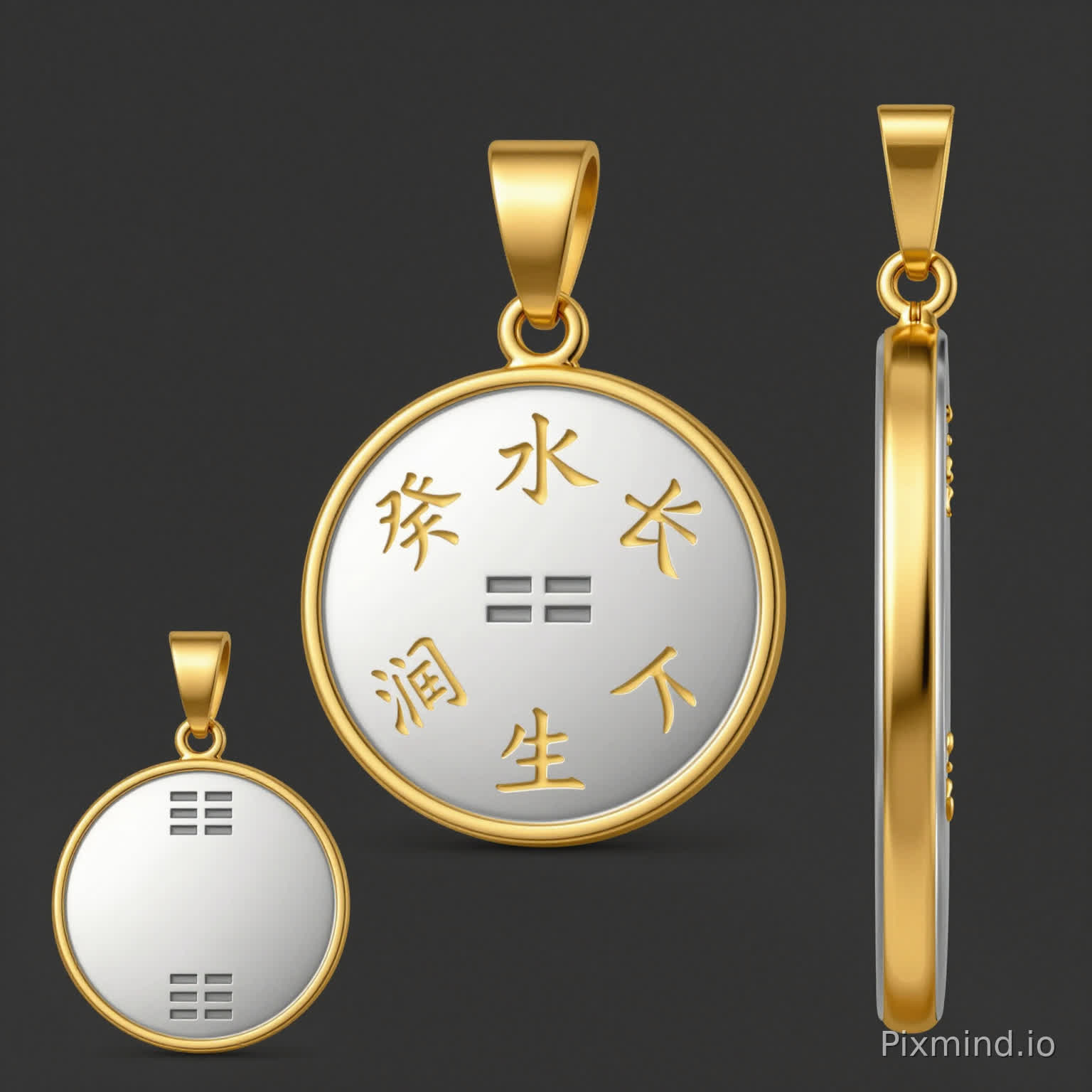 请帮我生成一张 金包银圆形吊坠 的设计效果图,要求如下:
整体形状:正圆形,直径2厘米,厚度约2.8毫米,边缘圆润,表面亮面抛光,无任何花纹或边框。
材质质感:外层金色(足金),内芯银色(银),从侧面能看到金包银的分层结构,金属光泽强。
正面(朝外的一面):用小篆字体刻“癸水长生”四个字,四字呈圆形排列(弧形),字高约4.5毫米,字迹清晰有深度。
背面(贴胸的一面):刻一个坎卦符号“☵”(上下两横中间断开,中间一横连着的卦象),高度8毫米;正下方用小篆刻“润下”二字,字高2.5毫米。所有刻字居中。
顶部:正上方有一个直径1.8毫米的圆孔,用于穿绳。
视角:请分别展示正面、背面、侧面三个小图,或者给出一个稍微倾斜的立体视角,能同时看到正面、背面和边缘的厚度。
背景:纯黑色或深灰色背景,突出金属质感。
请生成清晰、写实的渲染图,像珠宝设计手稿。