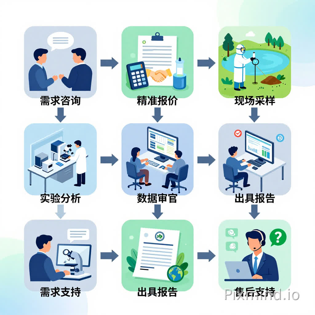 一个高度概念化、视觉流程清晰的环境检测服务流程图。图中包含七个步骤,每个步骤以独立且连贯的视觉模块呈现,通过流畅的连接线和箭头指示方向。每个模块内部描绘具体场景和核心元素:
1. **需求咨询:** 两名专业人士面对面交流,背景有对话框和文档图标。
2. **精准报价:** 一份合同文件,旁边有计算器和握手图案,象征协议达成。
3. **现场采样:** 一名穿着防护服的技术人员在自然环境(如湖泊或土壤旁)中,手持采样瓶或设备进行取样。
4. **实验室分析:** 现代化实验室内部,精密仪器(如显微镜、光谱仪)在运行,身穿白大褂的科学家正在操作和观察。
5. **数据审核:** 团队成员围坐,专注地查看电脑屏幕上的复杂图表和数据,放大镜和核对符号。
6. **出具报告:** 一份带有公司Logo和权威印章的官方检测报告,旁边是地球或环保标志。
7. **售后支持:** 客服人员佩戴耳机,背景有电话图标、咨询台和绿色的叶子或问号。
**场景环境:** 抽象而专业的背景,带有公司品牌色调的柔和渐变或几何图案,营造现代科技感和环保主题的融合。每个模块背景为柔和色块或微弱纹理。
**艺术风格:** 现代扁平化设计(Modern Flat Design)与等距透视(Isometric Perspective)相结合的矢量插画风格。线条干净利落,图标和人物形象简洁而富有表现力。强调信息图表的清晰度。
**技术参数:**
**光照:** 明亮、均匀的全局照明,无强烈阴影,确保所有细节清晰可见。
**色彩:** 专业、和谐的调色板,主色调为科技蓝、环保绿和稳重灰,辅以少量明亮的点缀色。色彩饱和度适中,营造沉稳专业的氛围。
**构图:** 模块化、分层布局,从左到右线性排列,流程箭头清晰,确保逻辑明确。每个步骤模块大小适中,留有足够的呼吸空间。
**细节:** 每个步骤的图标和微场景都精细描绘,信息图表风格,无文字。
**质量标签:** 杰作(Masterpiece),最高品质(Highest Quality),高度详细(Highly Detailed),信息图表(Infographic),概念艺术(Concept Art),视觉传达(Visual Communication),精确呈现(Precise Rendering),专业级(Professional Grade),8K,清晰(Crisp)。颜色我需要绿蓝白