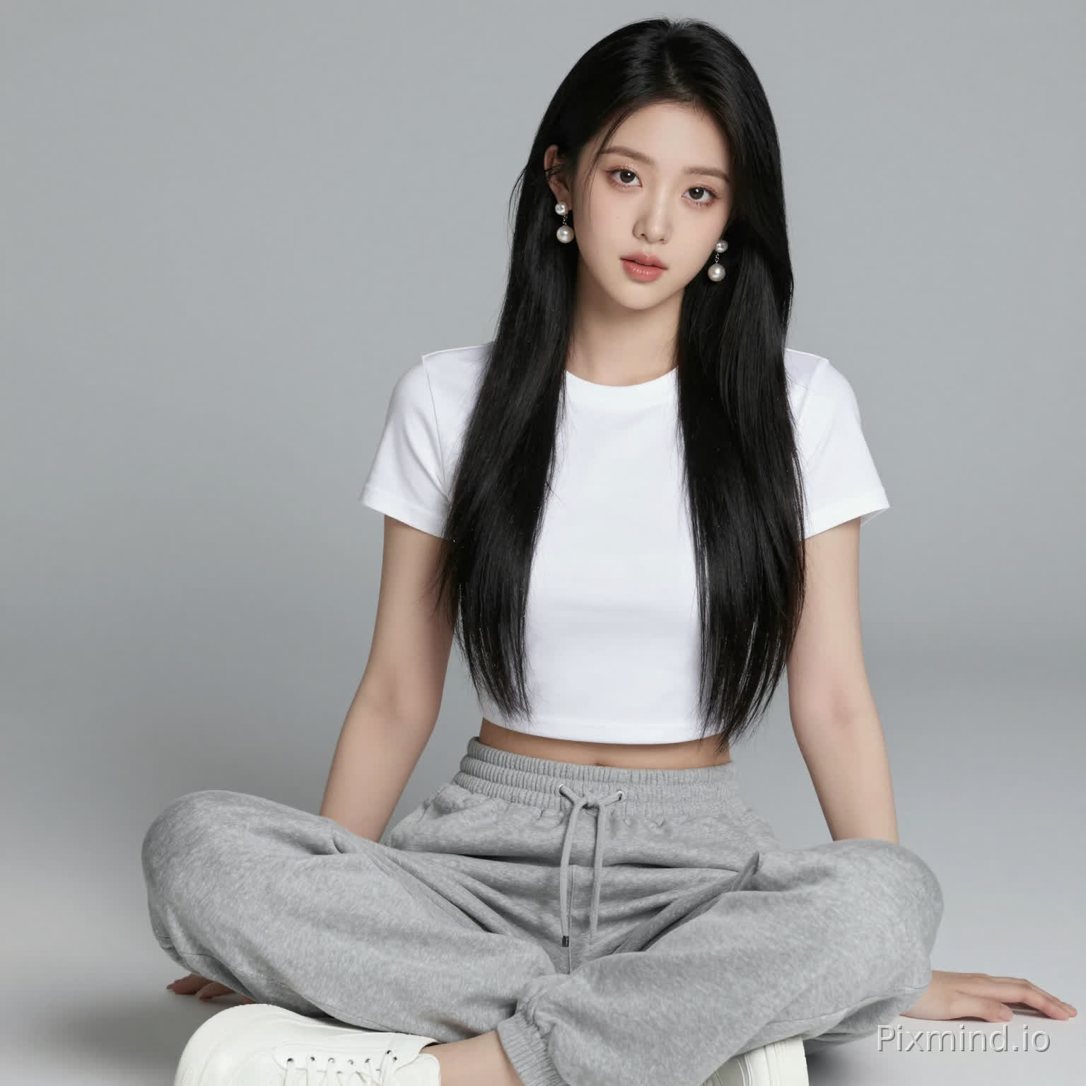 ai kpop girl with long black straight hair pearl earrings and a white cropped short sleeve shirt with grey sweatpants and white sneakers