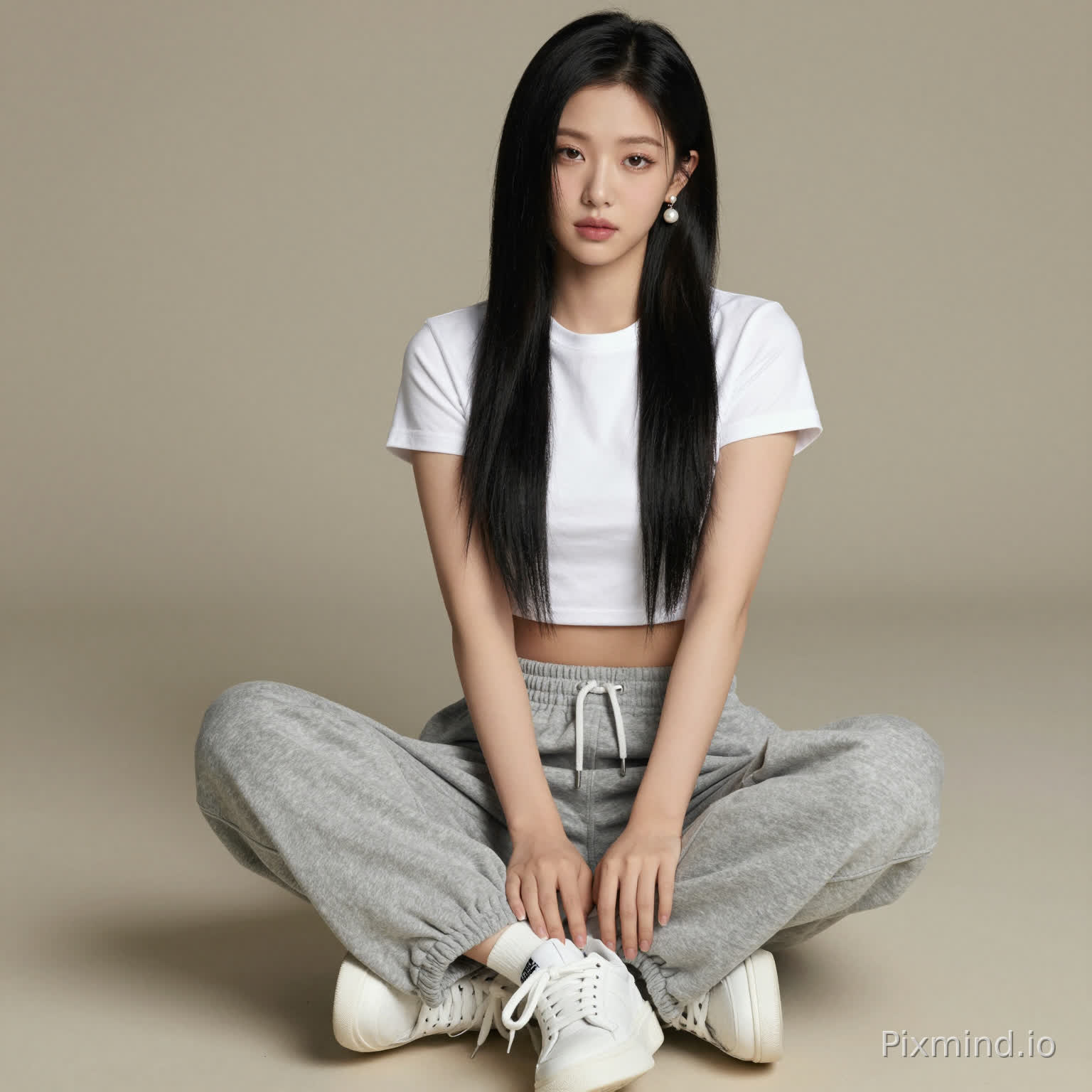 ai kpop girl with long black straight hair pearl earrings and a white cropped short sleeve shirt with grey baggy sweatpants going over the shoes and white sneakers