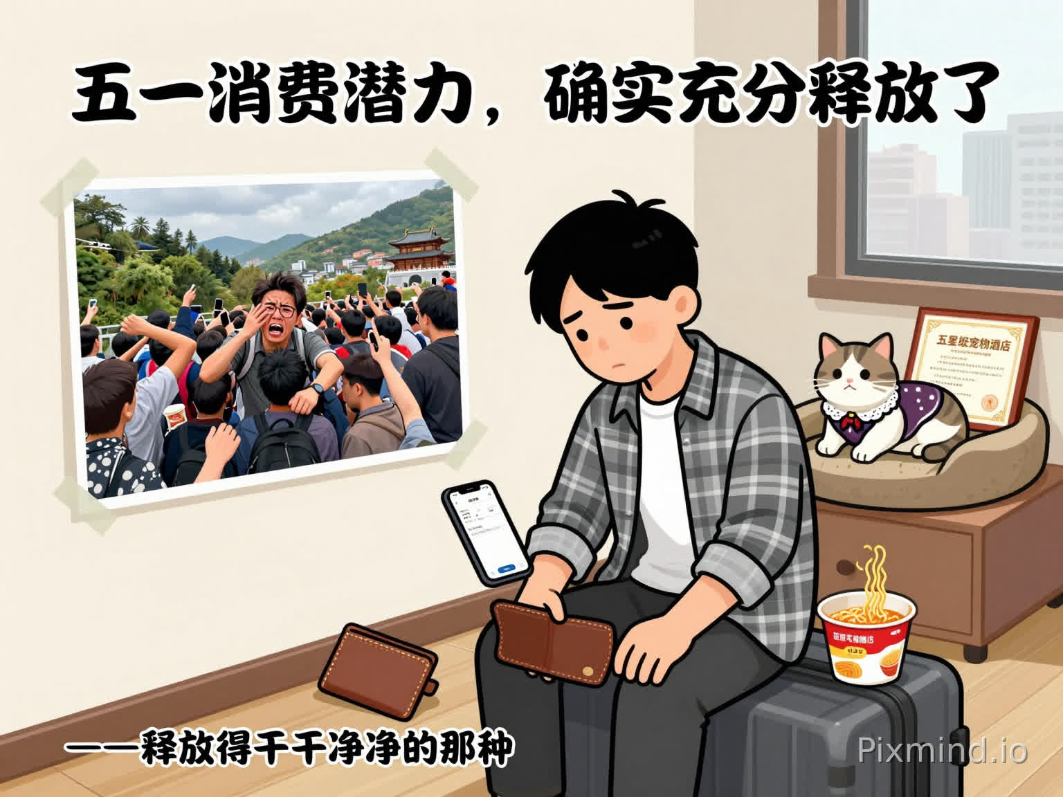 画面主体: 一个穿着格子衬衫的年轻打工人,面如死灰地坐在行李箱上,背景是五一假期结束后的出租屋。他面前摊开着空荡荡的钱包,旁边放着吃了一半的泡面。手机屏幕亮着,显示银行卡余额为零。
画面细节: 墙上贴着一张五一旅行自拍照——照片里他在人山人海的景区被挤到变形,表情痛苦。他身后,一只穿着精致小衣服的宠物猫正躺在猫窝里,旁边摆着"五星级宠物酒店"的证书和各种高级猫零食,形成强烈对比。窗外是灰蒙蒙的城市。
风格与氛围: 略带夸张的扁平漫画风,色彩对比强烈——旅游部分用灰暗拥挤的色调,宠物部分用明亮温馨的色调。整体带有黑色幽默和自嘲的氛围。可采用类似小林漫画或朱德庸漫画的风格,线条简洁,人物表情生动。
画面顶部大字: "五一消费潜力,确实充分释放了"
底部小字: "——释放得干干净净的那种"