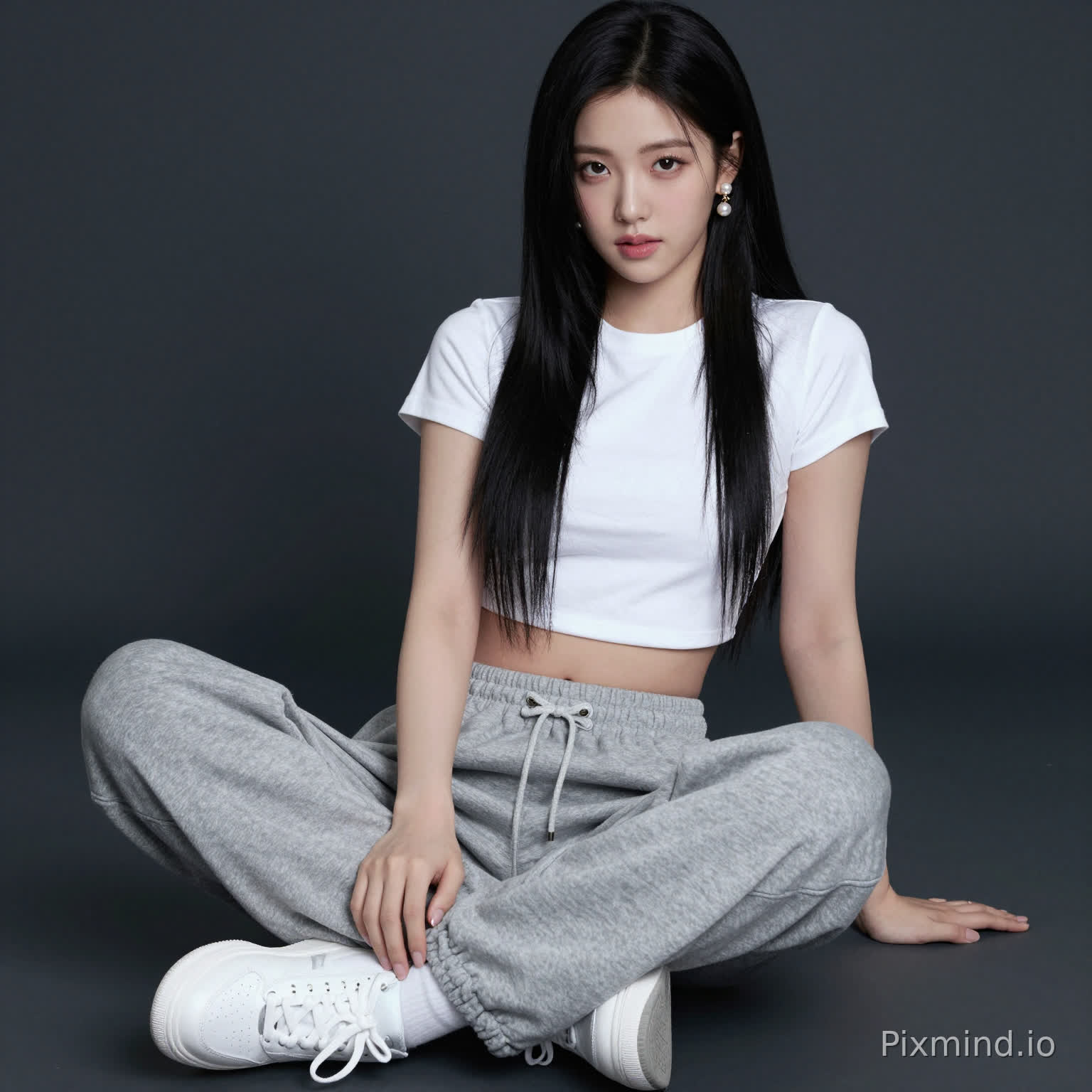 ai kpop girl with long black straight hair pearl earrings and a white cropped short sleeve shirt with grey baggy sweatpants going over the shoes and white sneakers