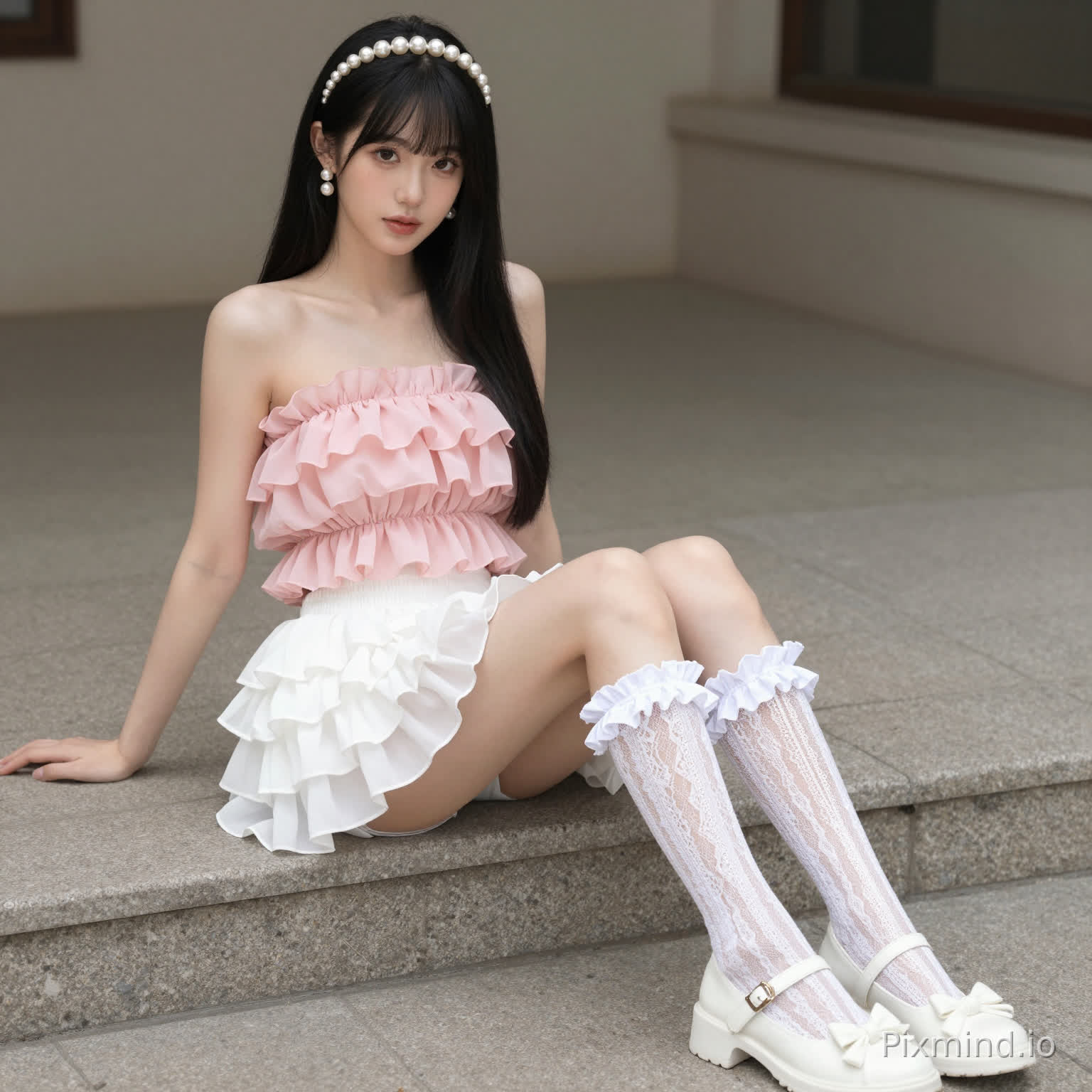 .ai kpop girl with long black straight hair pearl earrings wearing a pink Strapless Ruffle Chiffon Top with a white Ruffle Tiered Mini Skirt and long lace socks up to my knee with white KOI Tira Ruffle Mary Janes ‘ Porcelain Delights Edition with cute white pearl headband