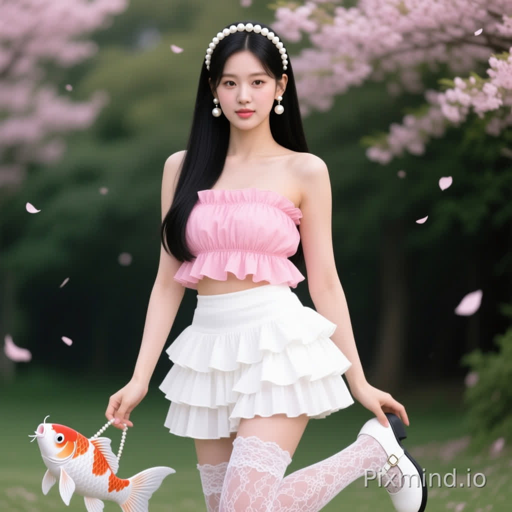 .ai kpop girl with long black straight hair pearl earrings wearing a pink Strapless Ruffle Chiffon Top with a white Ruffle Tiered Mini Skirt and long lace socks up to my knee with white KOI Tira Ruffle Mary Janes ‘ Porcelain Delights Edition with cute white pearl headband