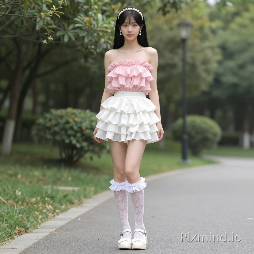 .ai kpop girl with long black straight hair pearl earrings wearing a pink Strapless Ruffle Chiffon Top with a white Ruffle Tiered Mini Skirt and long lace socks up to my knee with white KOI Tira Ruffle Mary Janes ‘ Porcelain Delights Edition with cute white pearl headband