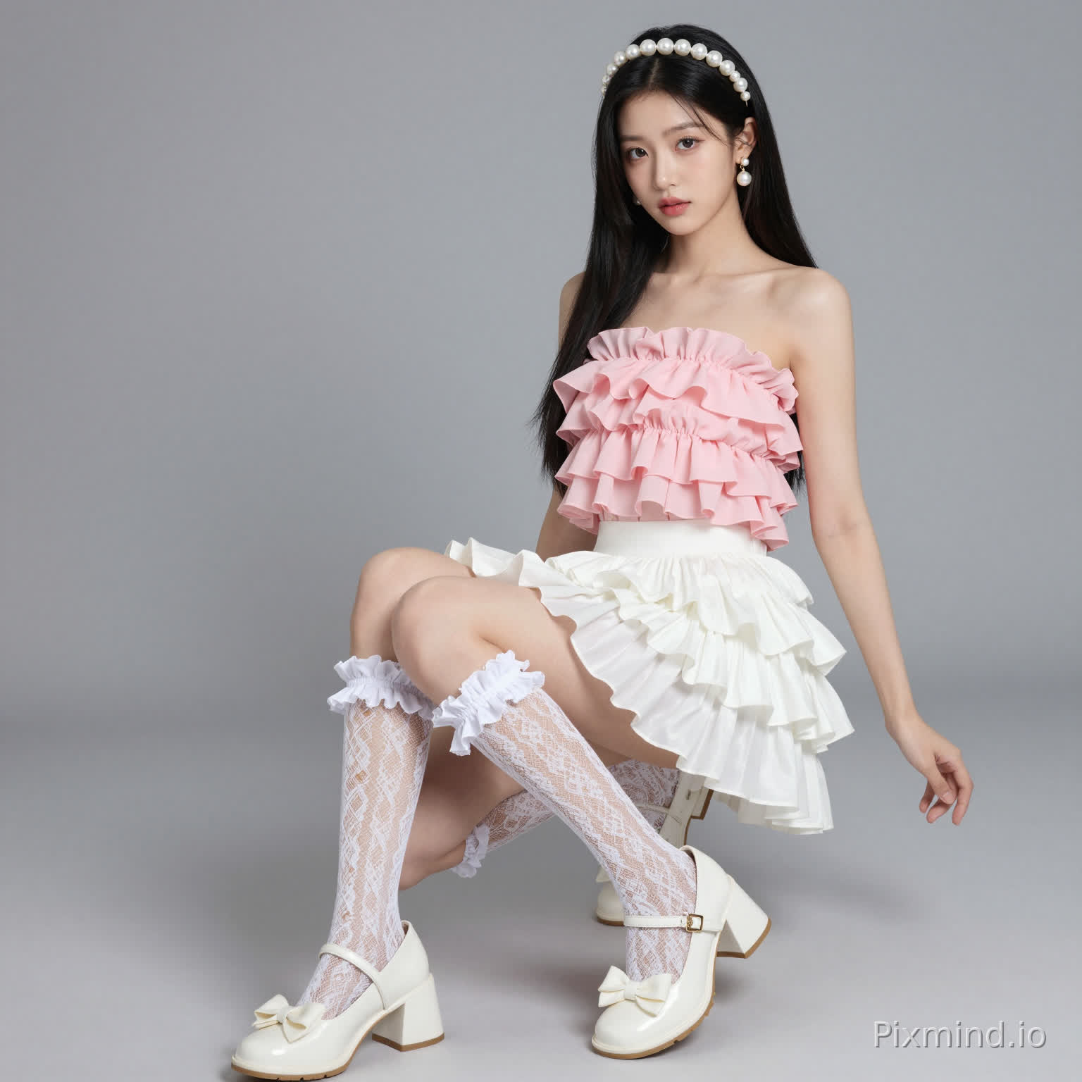 .ai kpop girl with long black straight hair pearl earrings wearing a pink Strapless Ruffle Chiffon Top with a white Ruffle Tiered Mini Skirt and long lace socks up to my knee with white KOI Tira Ruffle Mary Janes ‘ Porcelain Delights Edition with cute white pearl headband