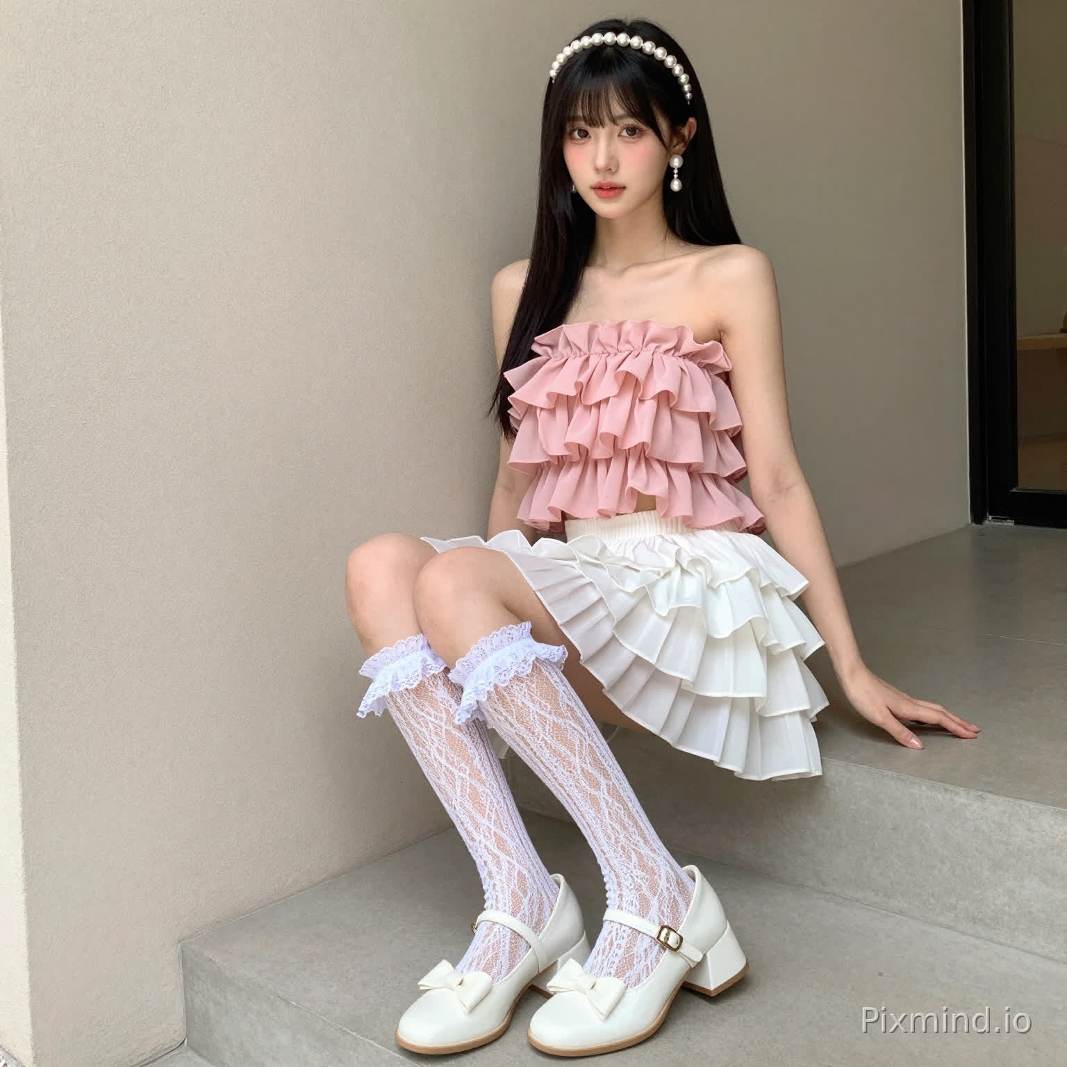 .ai kpop girl with long black straight hair pearl earrings wearing a pink Strapless Ruffle Chiffon Top with a white Ruffle Tiered Mini Skirt and long lace socks up to my knee with white KOI Tira Ruffle Mary Janes ‘ Porcelain Delights Edition with cute white pearl headband