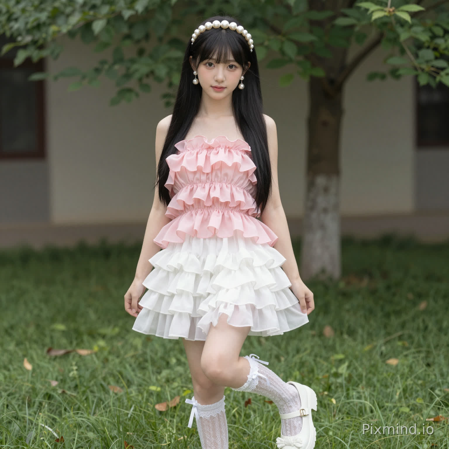 .ai kpop girl with long black straight hair pearl earrings wearing a pink Strapless Ruffle Chiffon Top with a white Ruffle Tiered Mini Skirt and long lace socks up to my knee with white KOI Tira Ruffle Mary Janes ‘ Porcelain Delights Edition with cute white pearl headband