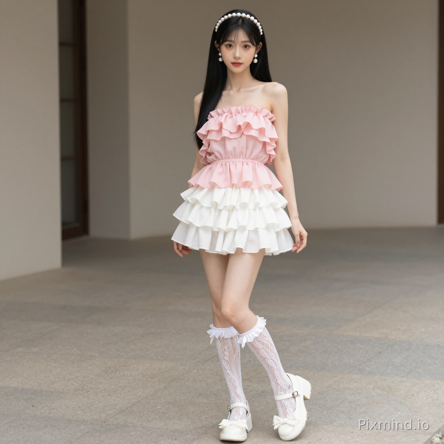 .ai kpop girl with long black straight hair pearl earrings wearing a pink Strapless Ruffle Chiffon Top with a white Ruffle Tiered Mini Skirt and long lace socks up to my knee with white KOI Tira Ruffle Mary Janes ‘ Porcelain Delights Edition with cute white pearl headband