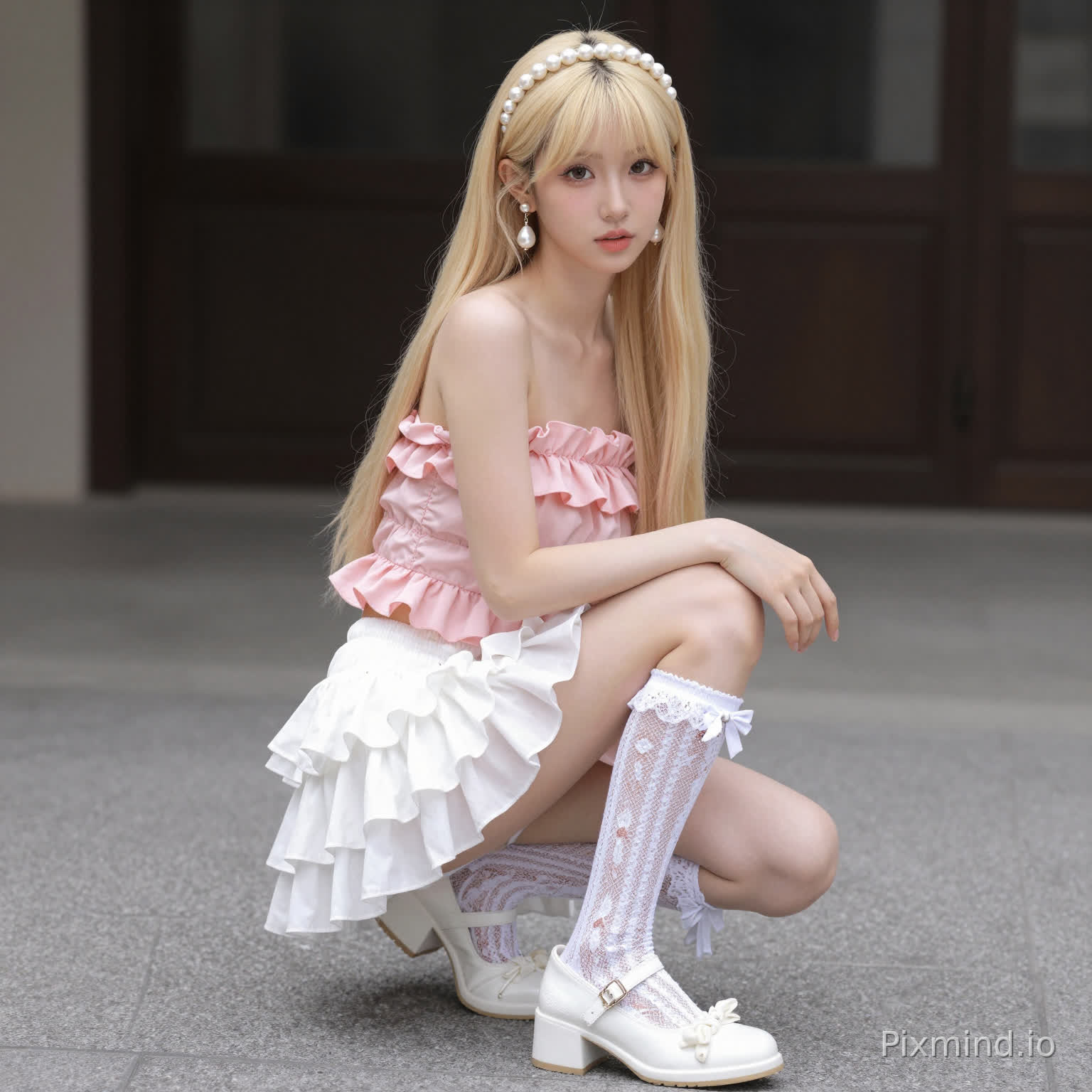 ai kpop girl with long blonde straight hair pearl earrings wearing a pink Strapless Ruffle Chiffon Top with a white Ruffle Tiered Mini Skirt and long lace socks up to my knee with white KOI Tira Ruffle Mary Janes ‘ Porcelain Delights Edition with cute white pearl headband