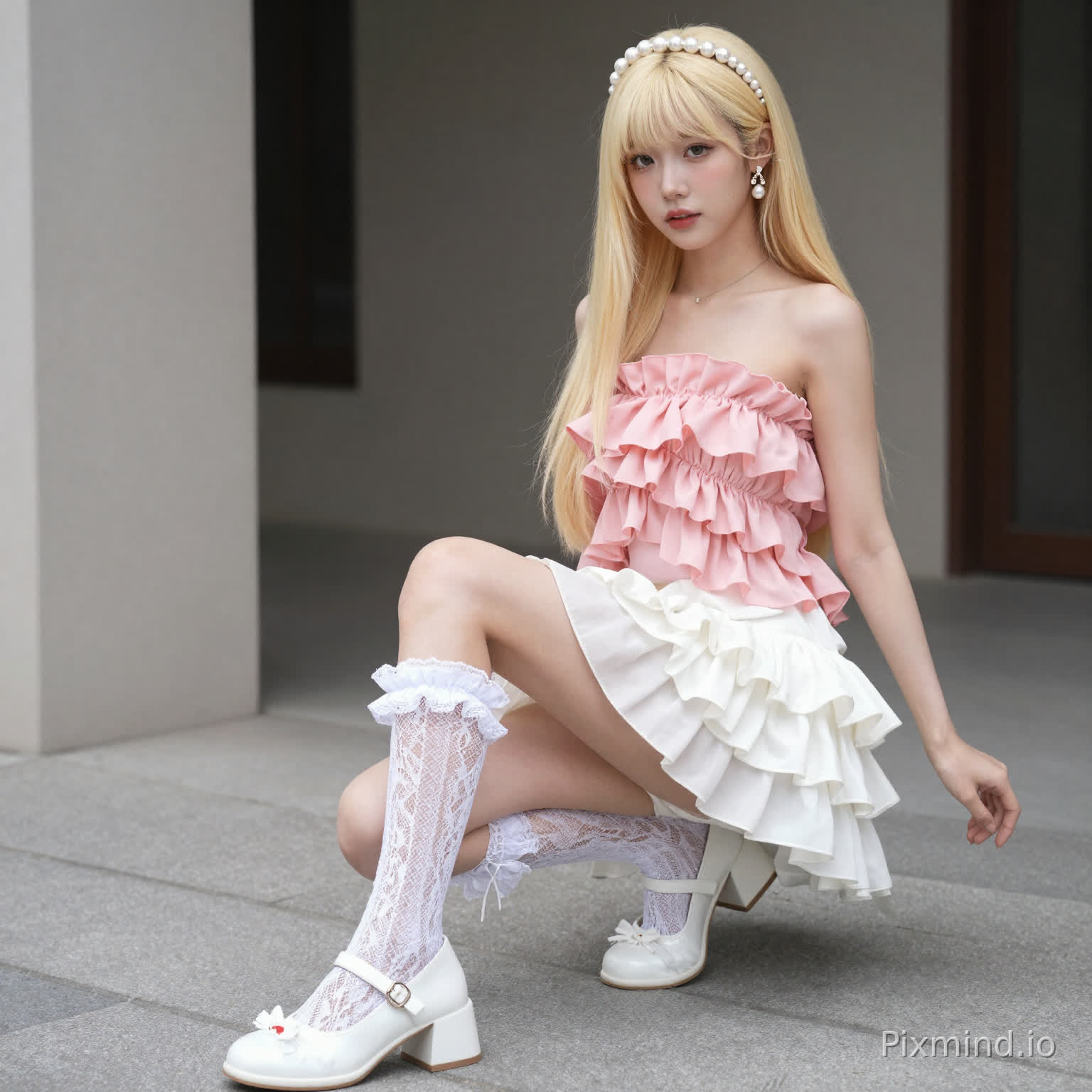 ai kpop girl with long blonde straight hair pearl earrings wearing a pink Strapless Ruffle Chiffon Top with a white Ruffle Tiered Mini Skirt and long lace socks up to my knee with white KOI Tira Ruffle Mary Janes ‘ Porcelain Delights Edition with cute white pearl headband