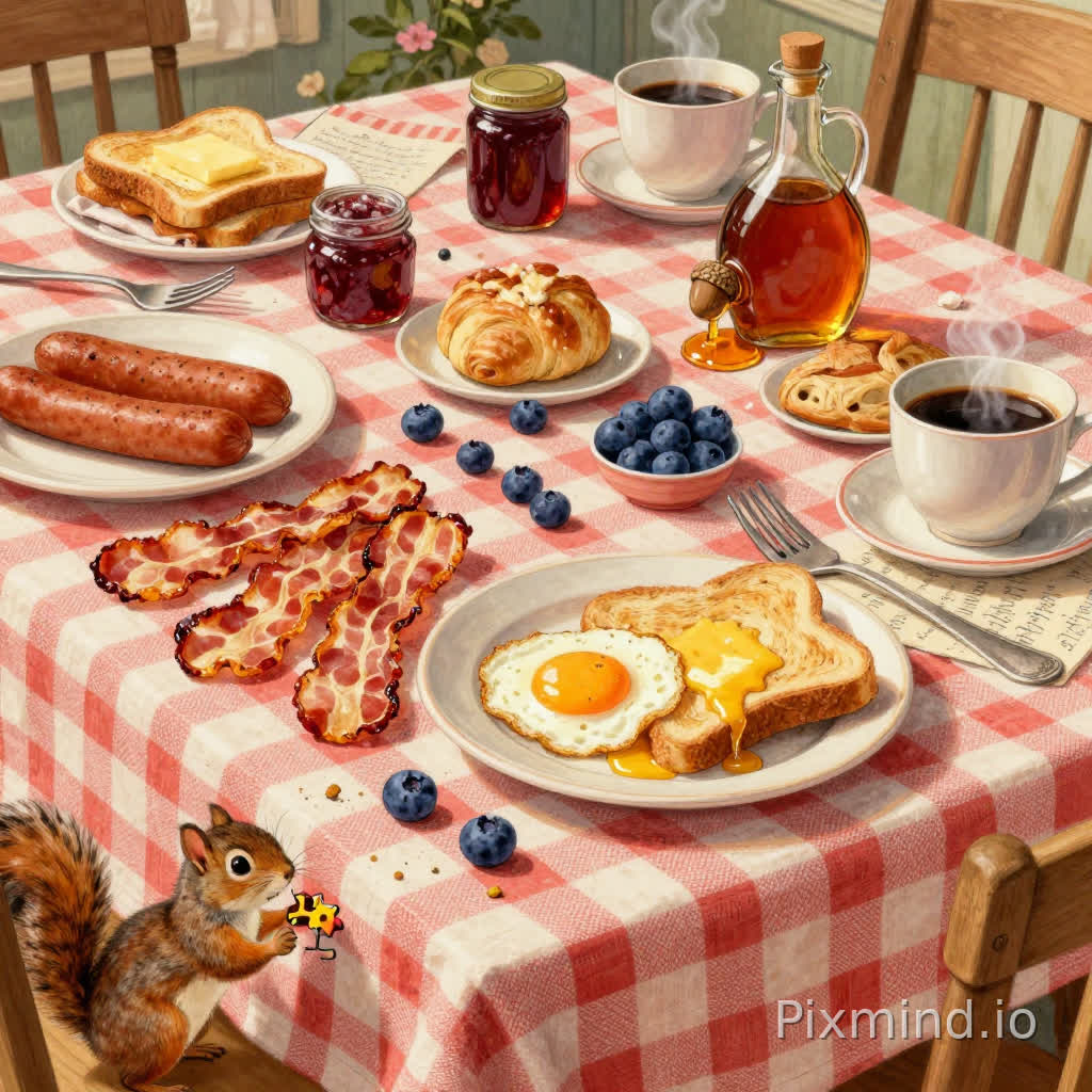 A charming top-down farm breakfast flat lay in a highly detailed retro American illustration style inspired by vintage food advertisements and the warm storytelling atmosphere of Norman Rockwell, richly layered composition designed especially for a premium jigsaw puzzle, every area filled with playful clutter, food textures, and cozy hidden details; scene description: a messy yet inviting farmhouse breakfast spread arranged across a vintage red-and-cream gingham linen tablecloth with highly visible woven fabric texture, featuring crispy bacon strips casually scattered around a sunny-side-up fried egg with golden crispy edges, thick buttered toast melting slightly under warm sunlight, fresh blueberries rolling across the table, flaky pastries, jam jars, coffee cups, silver utensils, folded napkins, and a tipped-over maple syrup bottle with glossy golden syrup slowly pooling across the cloth; a mischievous squirrel secretly stealing a sausage near the edge of the table adds humor and storytelling energy to the composition, while tiny hidden details such as a miniature acorn tucked beside a steaming coffee mug, a slightly crooked fork, crumbs, handwritten recipe notes, scattered sugar cubes, butter knives, and tiny flower petals create rich visual discovery throughout the scene; atmosphere is warm, nostalgic, cheerful, and delightfully cluttered, combining retro countryside charm with cozy “clutter-core” aesthetics; color palette centered around coral pink, butter yellow, eggshell white, warm maple brown, and soft farmhouse reds, with bright natural morning light casting gentle shadows and highlighting realistic food textures; ultra-detailed hand-painted illustration, cinematic natural lighting, richly layered composition, authentic vintage food art aesthetic, collectible puzzle artwork, no empty spaces, highly intricate details for satisfying puzzle assembly, masterpiece, 8k resolution, no text, no watermark, no AI artifacts, no repetitive patterns.