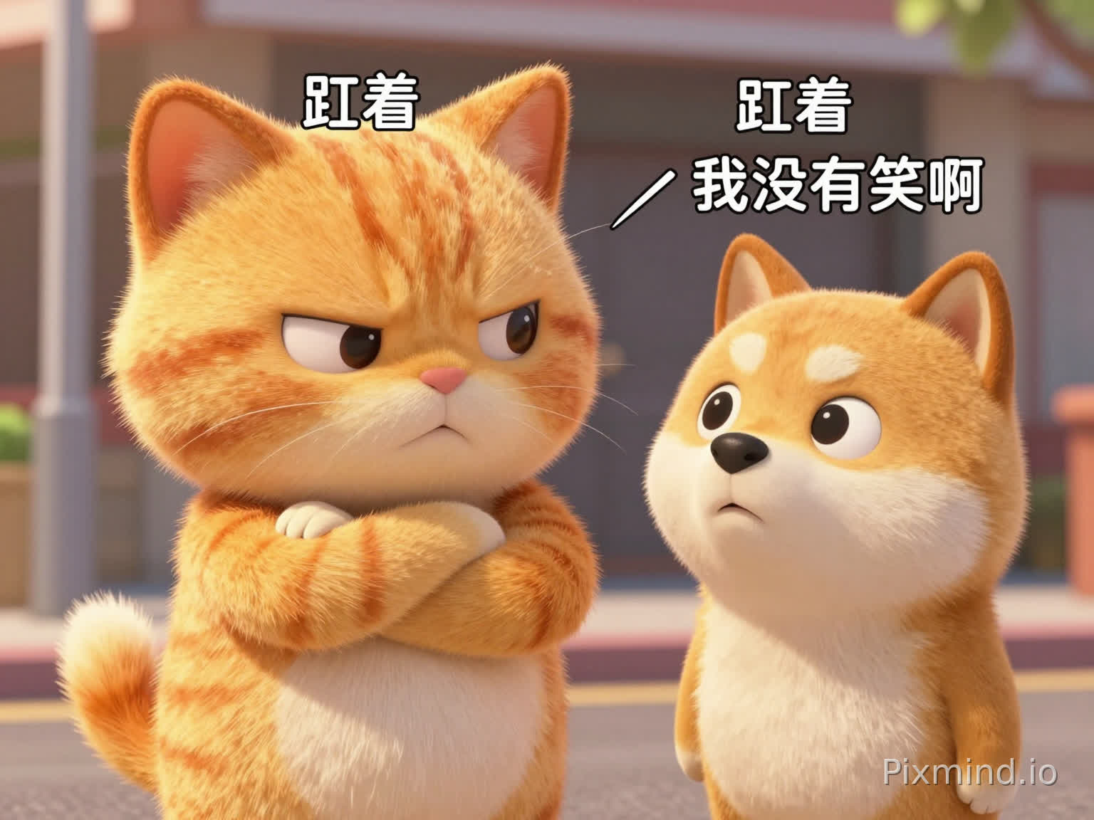 【序号 2 | 时长:2.7s】镜头类型:近景场景:街边运镜:固定机位近景色调:明亮柔和的日光色调画面:镜头拉近,小橘放下捂着脸的手,双臂交叉在胸前,眉头紧锁,气鼓鼓地瞪着小柴。小柴则睁大眼睛,表情无辜,似乎在辩解。画面中出现了文字:“盯着” 指向小橘,“我没有笑啊” 指向小柴。台词:我没有笑啊音效:背景音乐响起转场:硬切提示词:近景镜头,皮克斯风格 3D 动画,3D 超现实可爱暖黄治愈风。生气的软萌橘猫小橘双臂交叉,气鼓鼓地瞪着旁边的柴犬小柴。小柴睁大眼睛,露出无辜又惊讶的呆萌表情。画面中有文字标签,“盯着” 指向小橘,“我没有笑啊” 指向小柴。场景在街边,日光柔和明亮,毛绒毛发细腻,画风统一治愈。【序号 2 | 时长:2.7s】镜头类型:近景场景:街边运镜:固定机位近景色调:明亮柔和的日光色调画面:镜头拉近,小橘放下捂着脸的手,双臂交叉在胸前,眉头紧锁,气鼓鼓地瞪着小柴。小柴则睁大眼睛,表情无辜,似乎在辩解。画面中出现了文字:“盯着” 指向小橘,“我没有笑啊” 指向小柴。台词:我没有笑啊音效:背景音乐响起转场:硬切提示词:近景镜头,皮克斯风格 3D 动画,3D 超现实可爱暖黄治愈风。生气的软萌橘猫小橘双臂交叉,气鼓鼓地瞪着旁边的柴犬小柴。小柴睁大眼睛,露出无辜又惊讶的呆萌表情。画面中有文字标签,“盯着” 指向小橘,“我没有笑啊” 指向小柴。场景在街边,日光柔和明亮,毛绒毛发细腻,画风统一治愈。