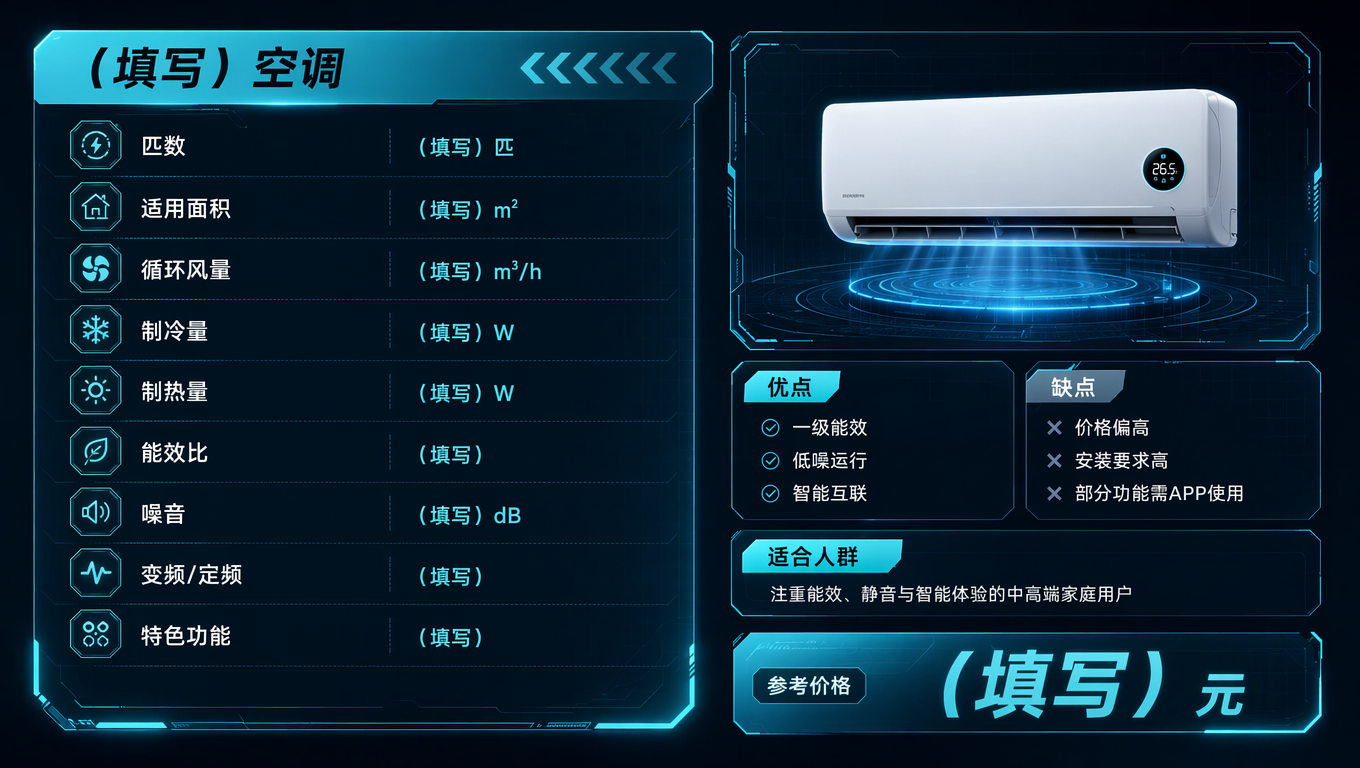 基于我提供的:
- 【图1】作为视觉风格参考
- 【图2】仅作为信息布局参考(不是视觉风格)
生成一张新的空调参数展示图。
━━━━━━━━━━━━━━━━━━━
【核心要求】
━━━━━━━━━━━━━━━━━━━
一、视觉风格必须完全参考【图1】
整体必须采用:
- 深色科技感
- 青蓝色霓虹发光
- HUD科技UI
- 高级电子面板
- 发光边框
- 半透明科技模块
- 冷色科技氛围
- B站高端测评风格
禁止出现:
- 图2那种老旧参数表风格
- 普通PPT感
- 传统家电宣传页感
- 廉价淘宝详情页感
最终效果必须像:
“未来科技产品数据库界面”
━━━━━━━━━━━━━━━━━━━
二、布局逻辑参考【图2】
━━━━━━━━━━━━━━━━━━━
仅参考图2的:
- 信息区域分布
- 参数排列逻辑
- 产品图位置
- 优缺点位置
- 适合人群区域
- 价格区域
但必须重新UI化。
意思是:
“结构像图2”
“视觉像图1”
━━━━━━━━━━━━━━━━━━━
三、版面结构要求
━━━━━━━━━━━━━━━━━━━
【左侧】
科技参数区:
- 名称
- 匹数
- 适用面积
- 循环风量
- 制冷量
- 制热量
- 能效比
- 噪音
- 变频/定频
- 功能特性
采用:
- 科技模块
- 发光分割线
- 图标化设计
- HUD信息排版
━━━━━━━━━━━━━━━━━━━
【右侧】
产品展示区:
包含:
- 空调产品图
- 优点
- 缺点
- 适合人群
- 参考价格
整体采用:
图1那种科技面板UI。
━━━━━━━━━━━━━━━━━━━
四、输出要求
━━━━━━━━━━━━━━━━━━━
- 16:9比例
- B站测评视频风格
- 高级感
- 强科技感
- 不要传统电商详情页感
- 不要普通参数表
- 产品图需要融入科技氛围
━━━━━━━━━━━━━━━━━━━
【产品信息】
━━━━━━━━━━━━━━━━━━━
产品名称:
(填写)
产品图:
(上传)
参考价格:
(填写)
━━━━━━━━━━━━━━━━━━━
【参数】
━━━━━━━━━━━━━━━━━━━
匹数:
(填写)
适用面积:
(填写)
循环风量:
(填写)
制冷量:
(填写)
制热量:
(填写)
能效比:
(填写)
噪音:
(填写)
变频/定频:
(填写)
特色功能:
(填写)
━━━━━━━━━━━━━━━━━━━
【优点】
━━━━━━━━━━━━━━━━━━━
1.
2.
3.
━━━━━━━━━━━━━━━━━━━
【缺点】
━━━━━━━━━━━━━━━━━━━
1.
2.
3.
━━━━━━━━━━━━━━━━━━━
【适合人群】
━━━━━━━━━━━━━━━━━━━
(填写一句总结)
```