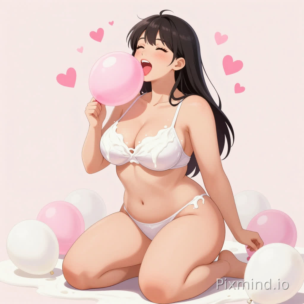 人物年龄为22岁,身高143cm,外貌为标准的亚洲人长相,身材妖娆暴露,身材为成年女性体型且比例夸张胸部、臀部、腿部比例明显强化(偏漫画风)大腿圆润、线条饱满腰部收束明显,呈沙漏型整体属于“性感、爆满、二次元夸张比例”,服装设计(贴合丰满体型),半跪在地,口中咬着一个气球,吸取着十分高兴,眼睛和周围都散发粉红色的爱心,身上都有牛奶,腰上和地上都有一个个气球内有满满的牛奶