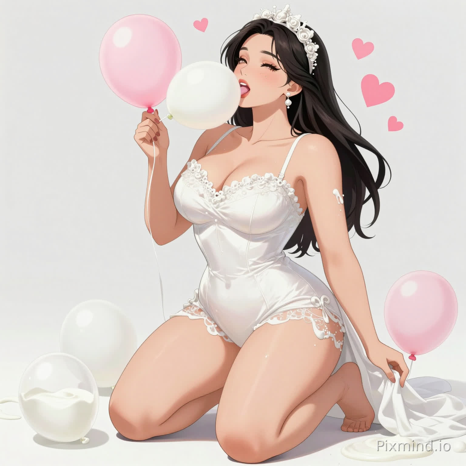 人物年龄为22岁,身材妖娆,身材为成年女性体型且比例夸张胸部、臀部、腿部比例明显强化(偏漫画风)大腿圆润、线条饱满腰部收束明显,呈沙漏型整体属于“性感、爆满、二次元夸张比例”,服装设计(婚纱贴合丰满体型),半跪在地,口中咬着一个气球,吸取着十分高兴,眼睛和周围都散发粉红色的爱心,身上都有牛奶,腰上和地上都有一个个气球内有满满的牛奶
